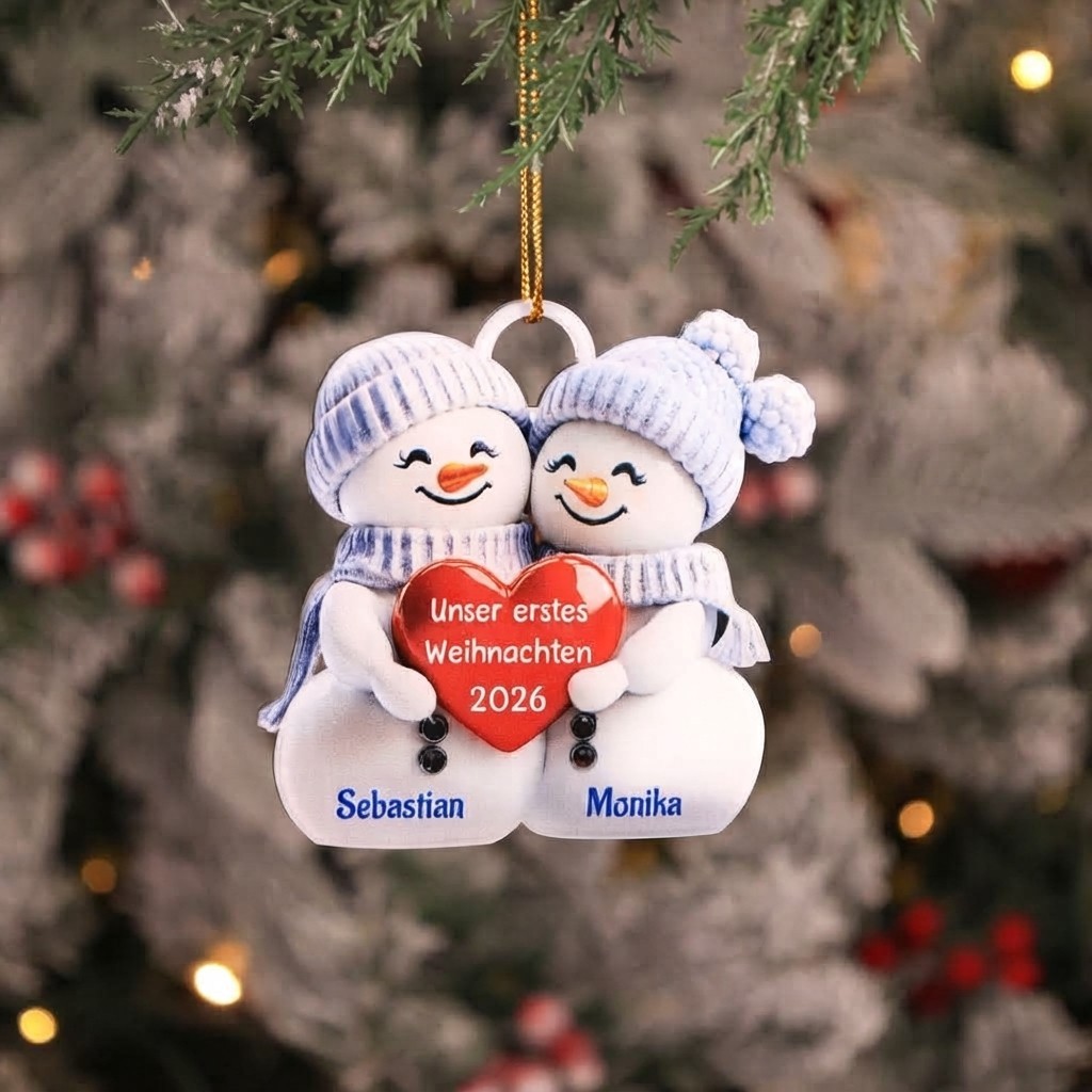 Acryl Weihnachtsornament - Personalisierte 2 Namen & 2 Texte & Jahr 2D Flachbedruckt Weihnachts-Anhänger mit Schneemann & Herzen für Paar
