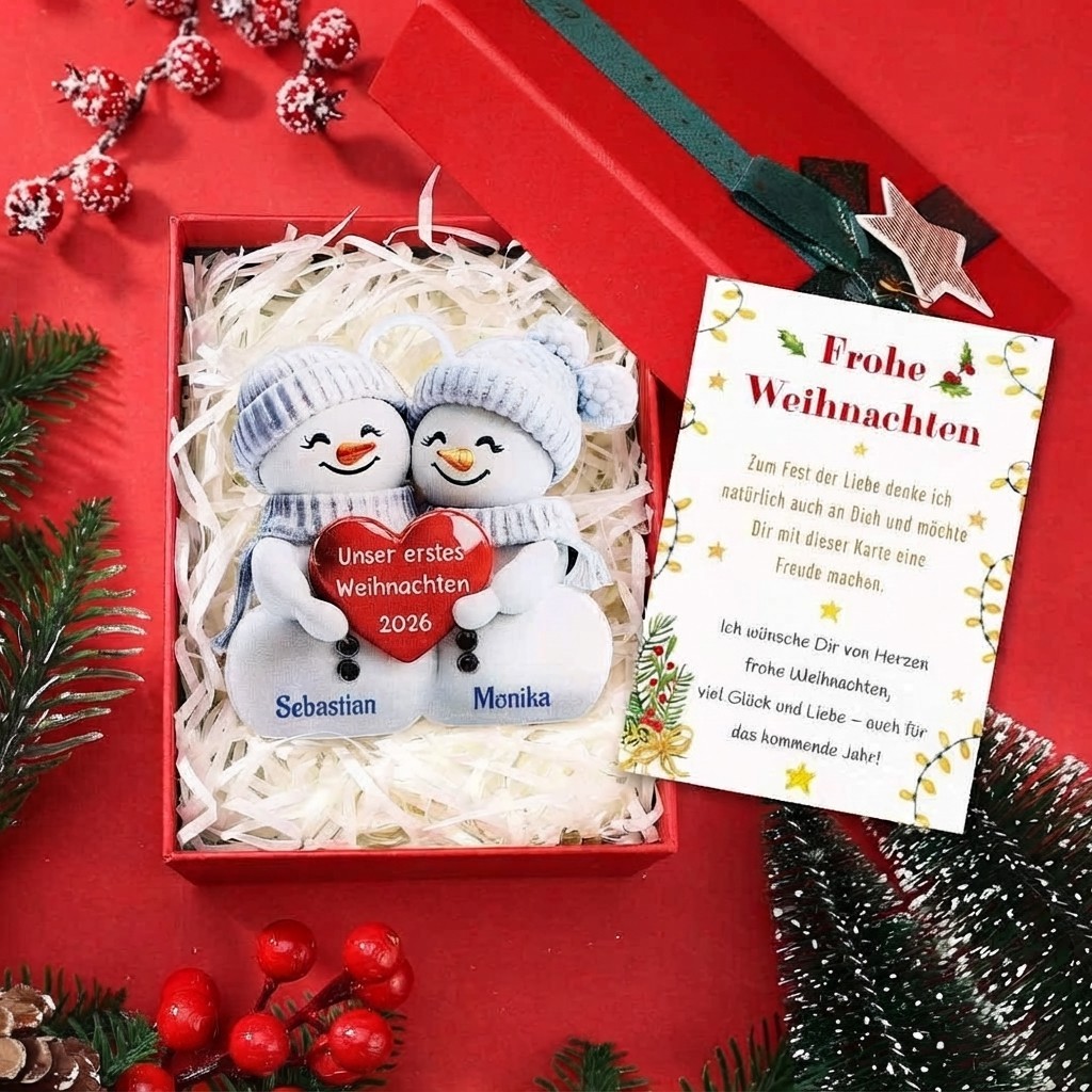 Acryl Weihnachtsornament - Personalisierte 2 Namen & 2 Texte & Jahr 2D Flachbedruckt Weihnachts-Anhänger mit Schneemann & Herzen für Paar