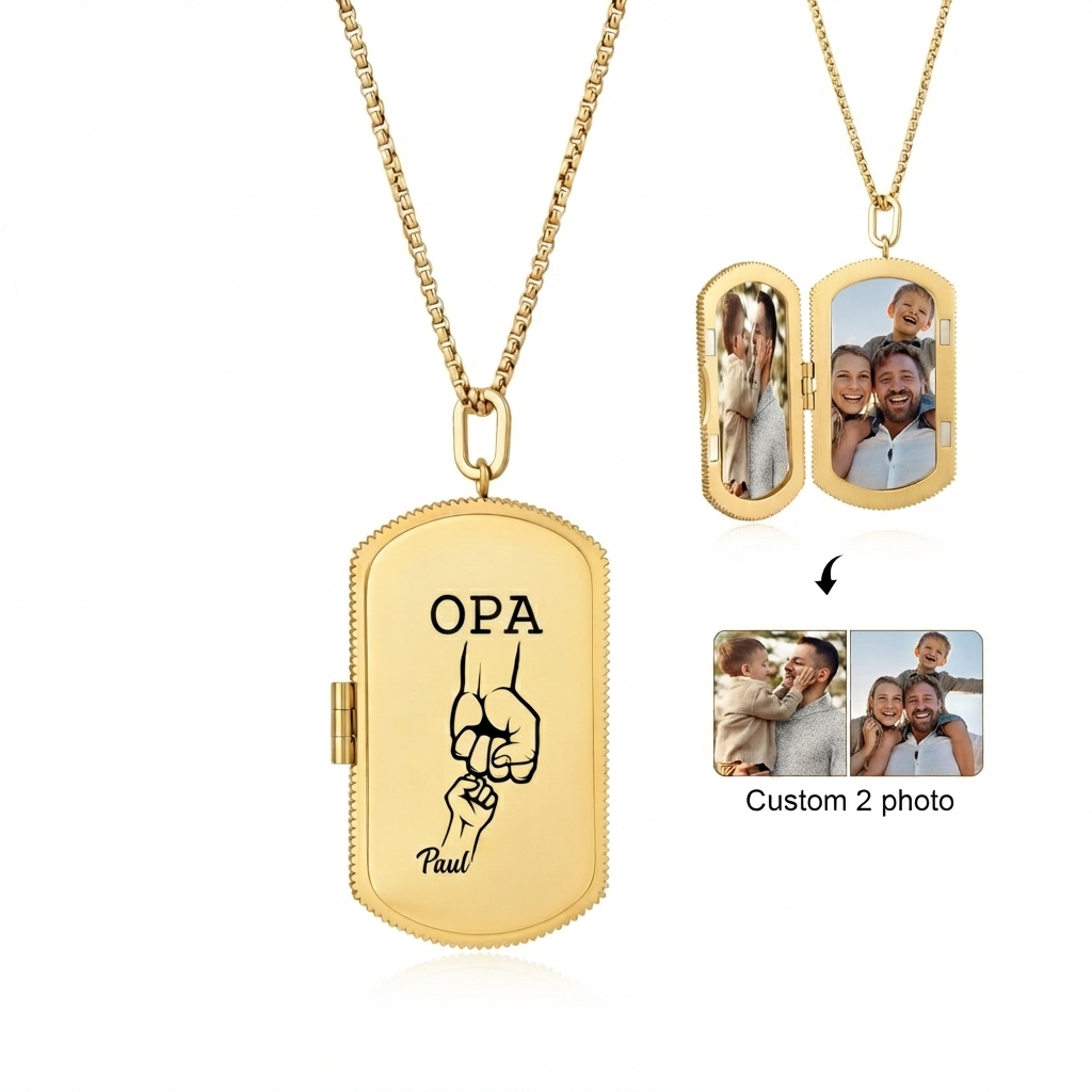Personalisierte Foto-Medaillon-Kette mit zwei Fotos mit 2–7 Namen und Fist-Bump-Motiv