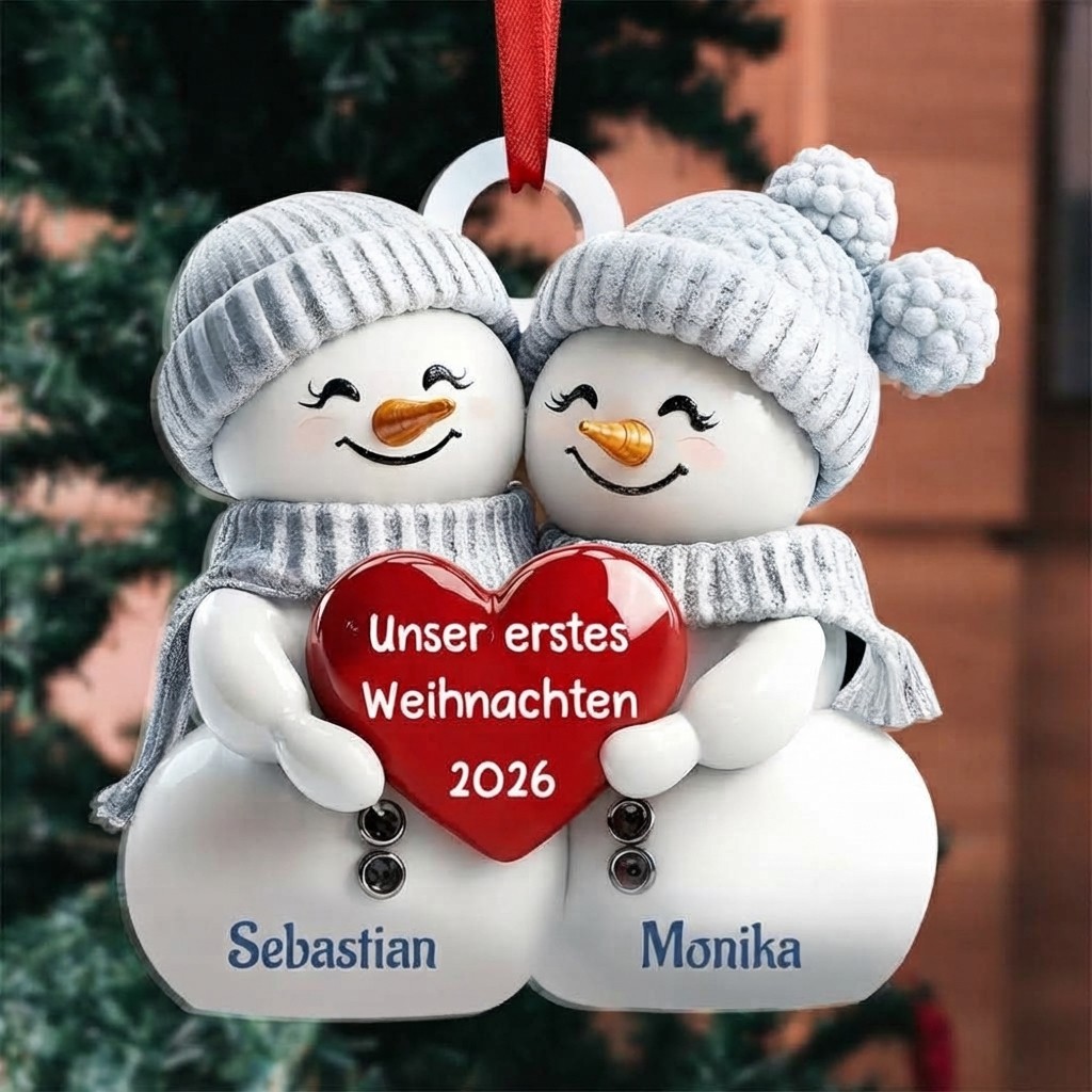 Acryl Weihnachtsornament - Personalisierte 2 Namen & 2 Texte & Jahr 2D Flachbedruckt Weihnachts-Anhänger mit Schneemann & Herzen für Paar