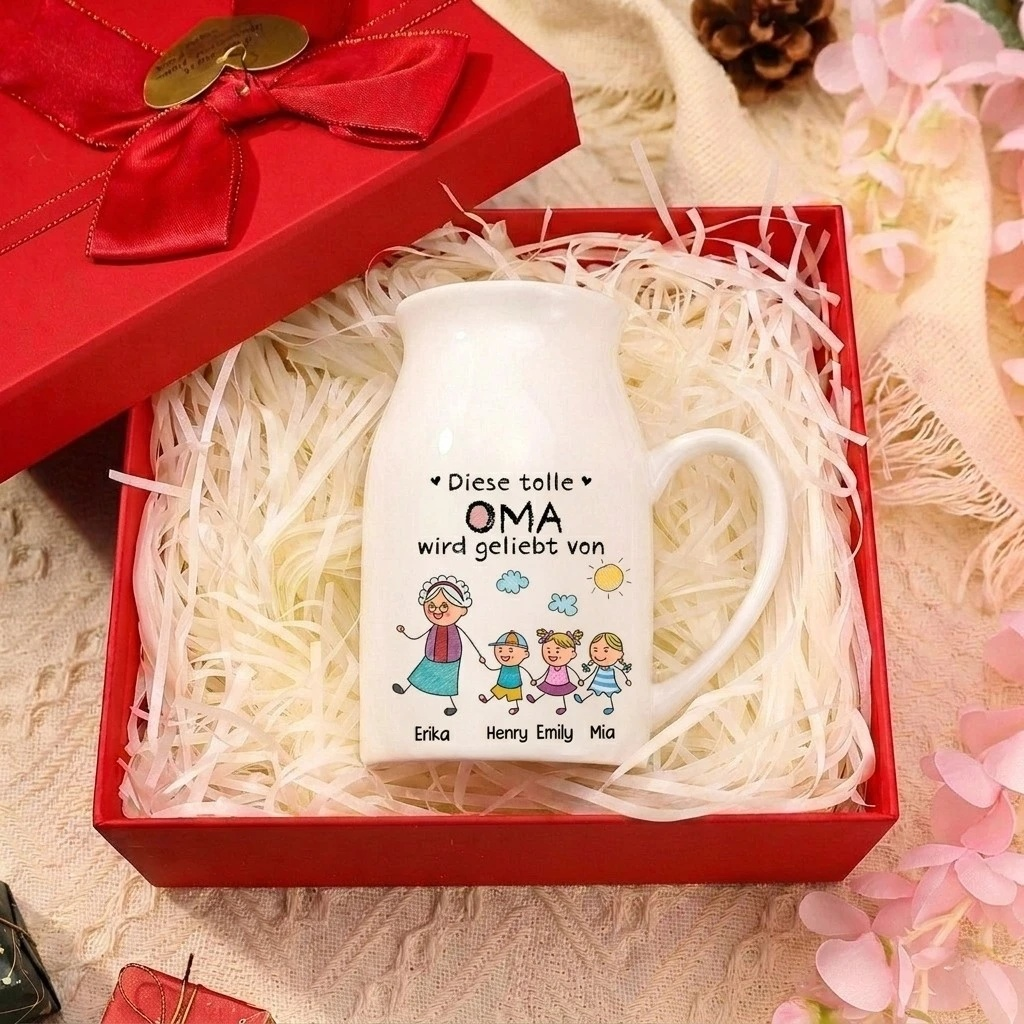 Personalisierte Blumenvase aus Keramik mit Henkel Cartoon-Kinderdesign gestaltet mit 1 bis 8 Namen und süßen Kinderfiguren, Muttertags- oder Geburtstagsgeschenk für Mama, Ehefrau, Oma | Kett