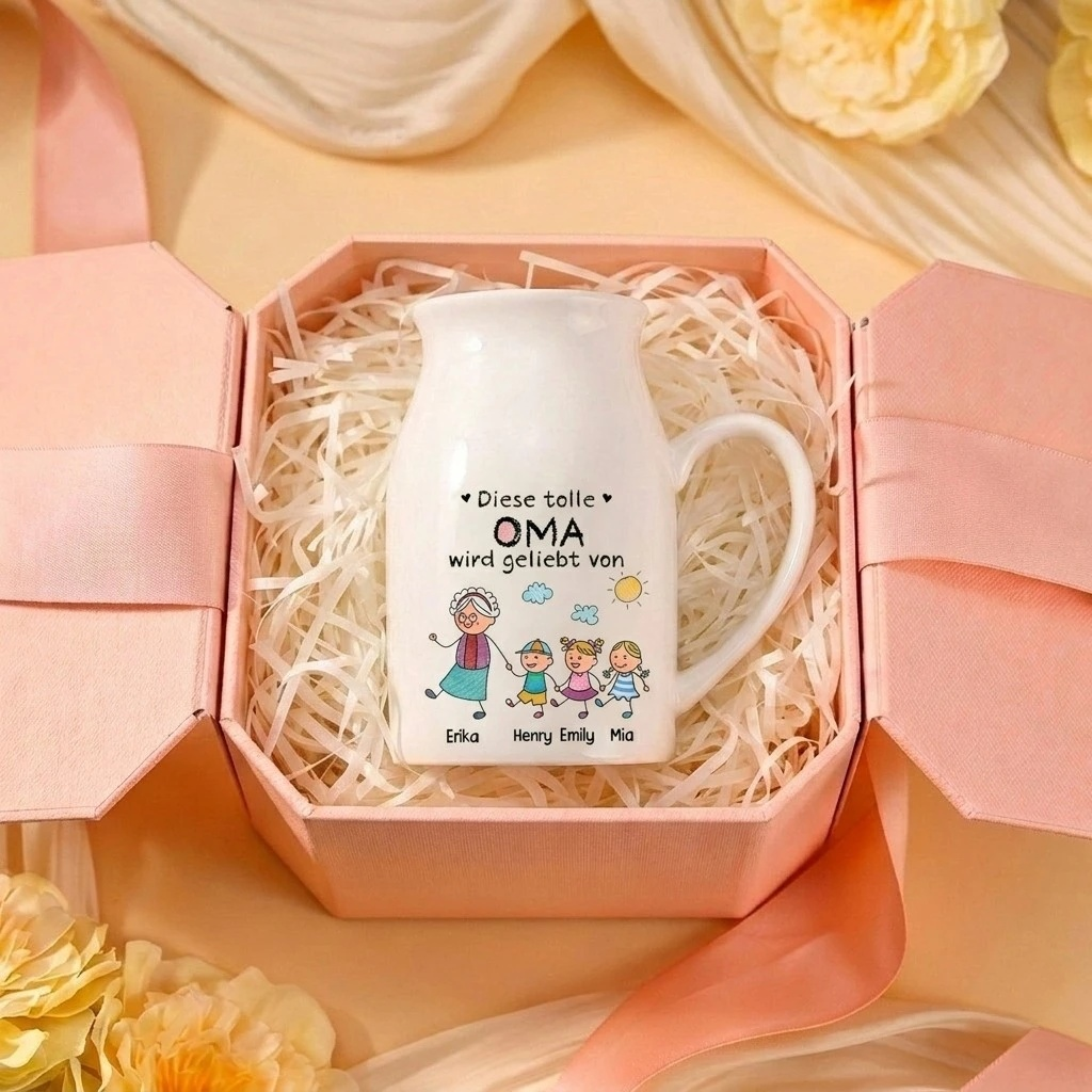 Personalisierte Blumenvase aus Keramik für Oma gestaltet mit 1–8 Namen und süßen Kinderfiguren