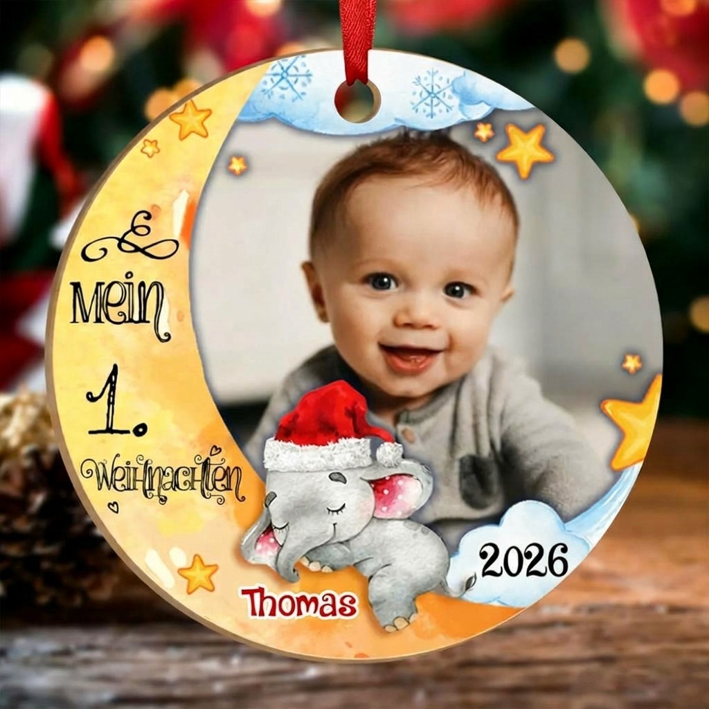 Holz Weihnachtsornament-Personalisierter 1 Name & Foto Halbmond Rund Baby Ornament- Mein 1. Weihnachten
