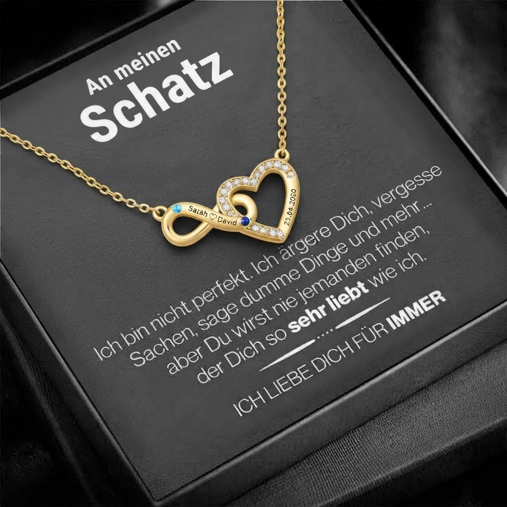 Personalisierte Unendlichkeitskette mit Herz, zwei Namen, Geburtssteinen und Wunschdatum – romantisches Geschenk für Freundin oder Ehefrau zum Jahrestag, zum Valentinstag, zum Geburtstag oder zum Mutt
