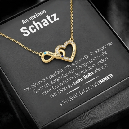 Personalisierte Unendlichkeitskette mit Herz, zwei Namen, Geburtssteinen und Wunschdatum – romantisches Geschenk für Freundin oder Ehefrau zum Jahrestag, zum Valentinstag, zum Geburtstag oder zum Mutt