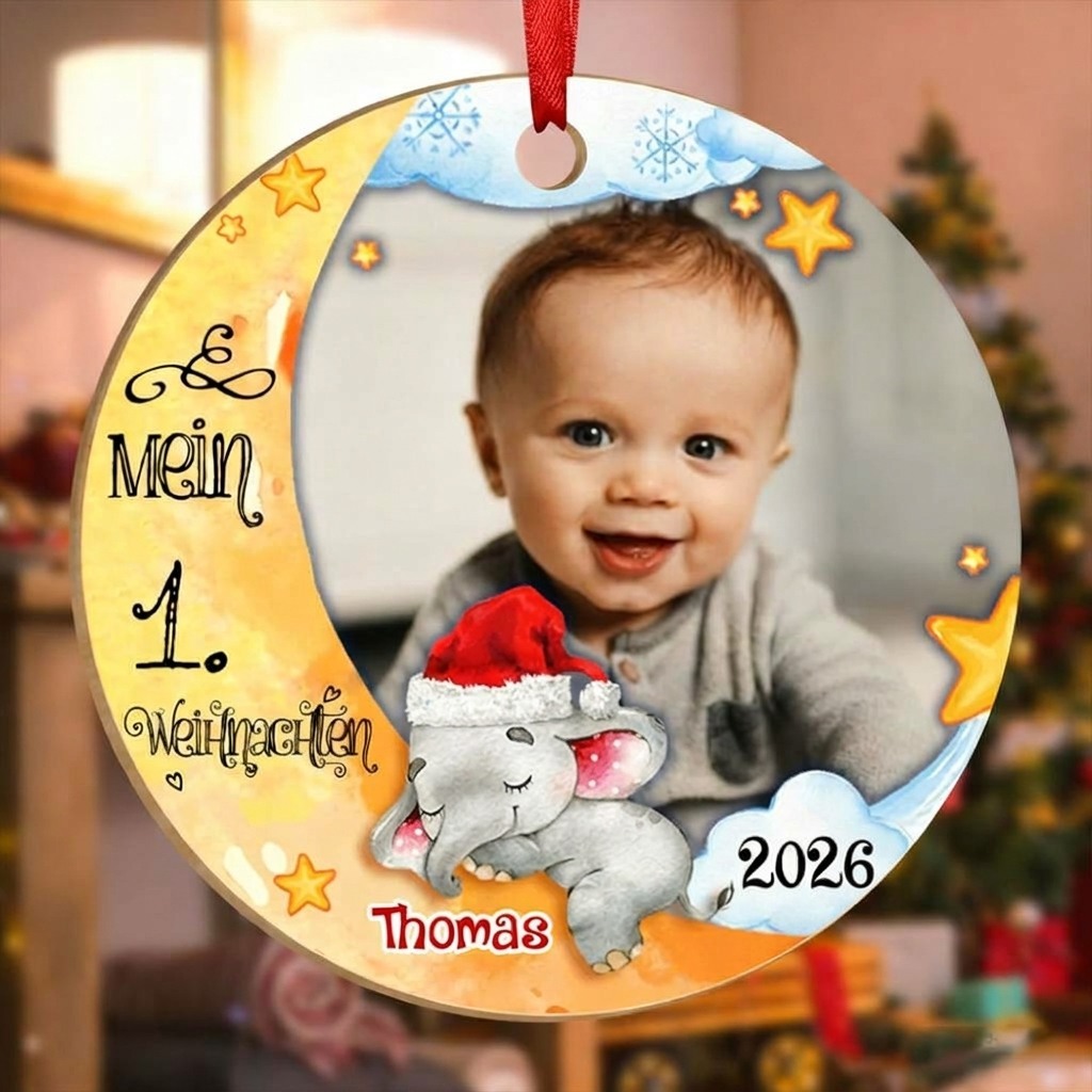 Holz Weihnachtsornament-Personalisierter 1 Name & Foto Halbmond Rund Baby Ornament- Mein 1. Weihnachten