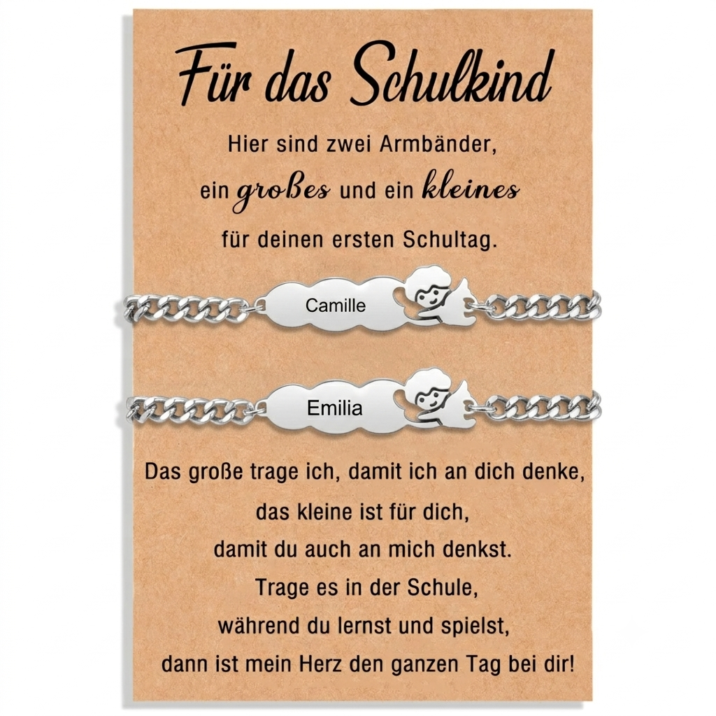 Für das Schulkind Mama und Kind Schutzengel Armband Set mit Namensgravur Edelstahl
