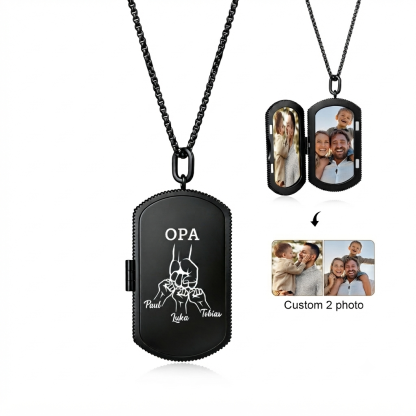 Personalisierte Foto-Medaillon-Kette mit zwei Fotos mit 2–7 Namen und Fist-Bump-Motiv