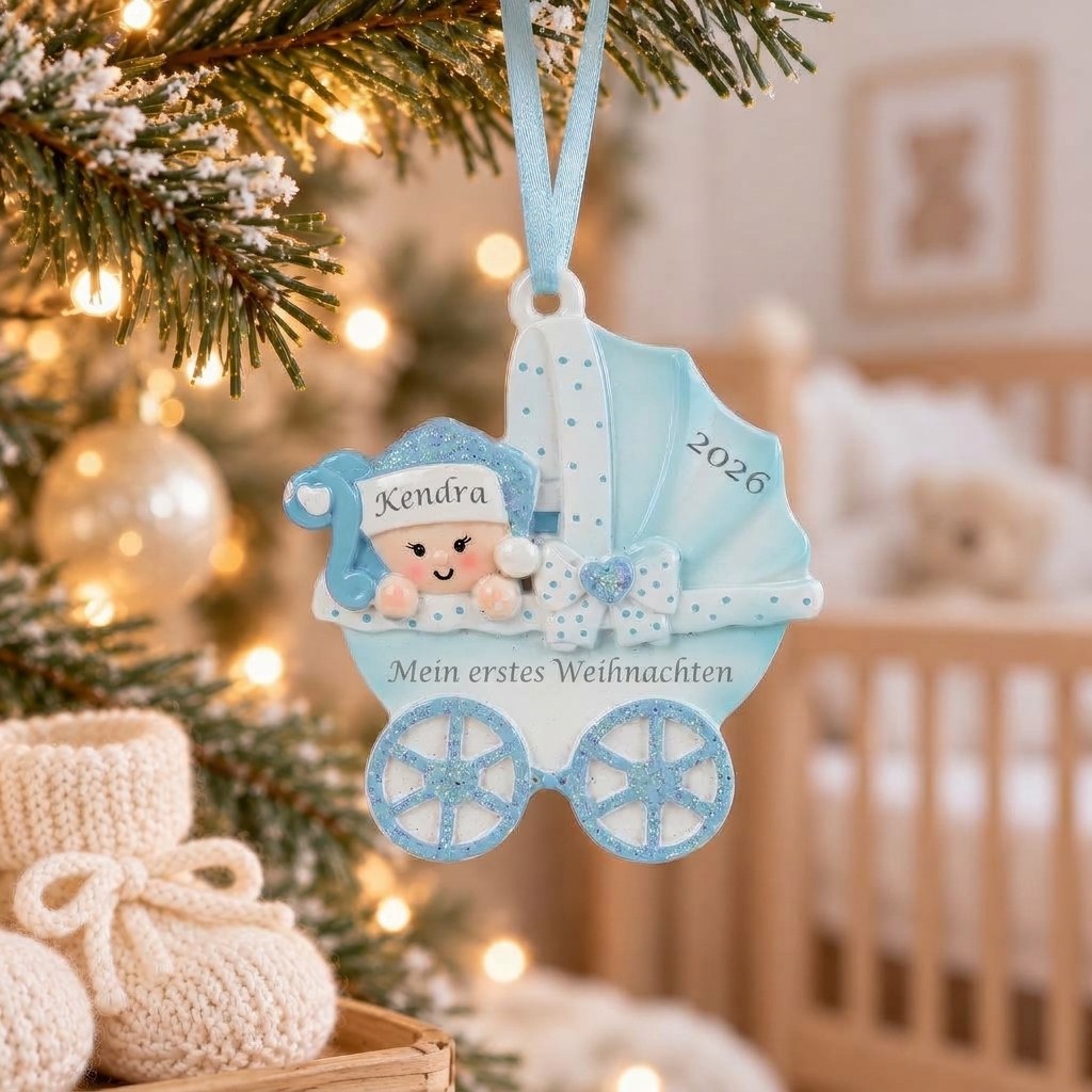Personalisierter Weihnachtsbaumanhänger in Kinderwagenform mit Namen und Jahreszahl Geschenk zu Babys erstem Weihnachten