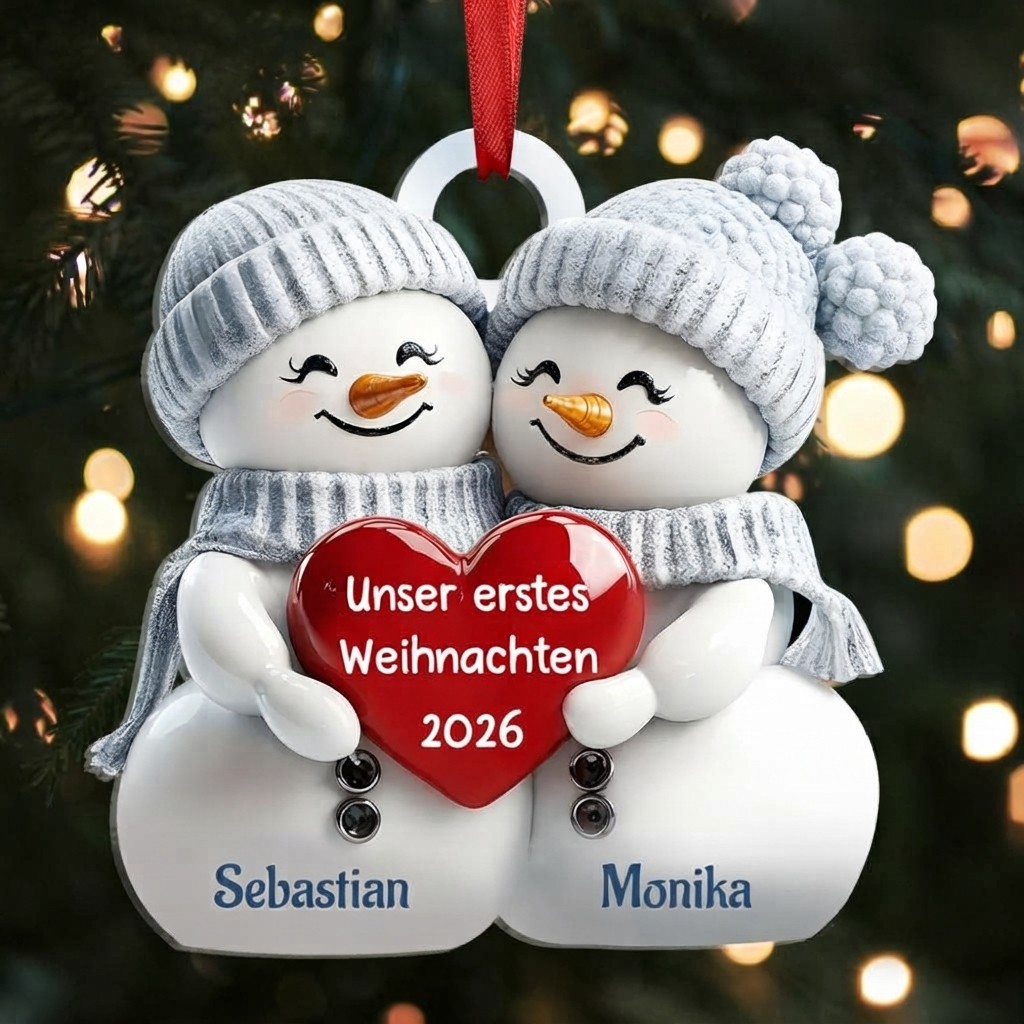 Acryl Weihnachtsornament - Personalisierte 2 Namen & 2 Texte & Jahr 2D Flachbedruckt Weihnachts-Anhänger mit Schneemann & Herzen für Paar