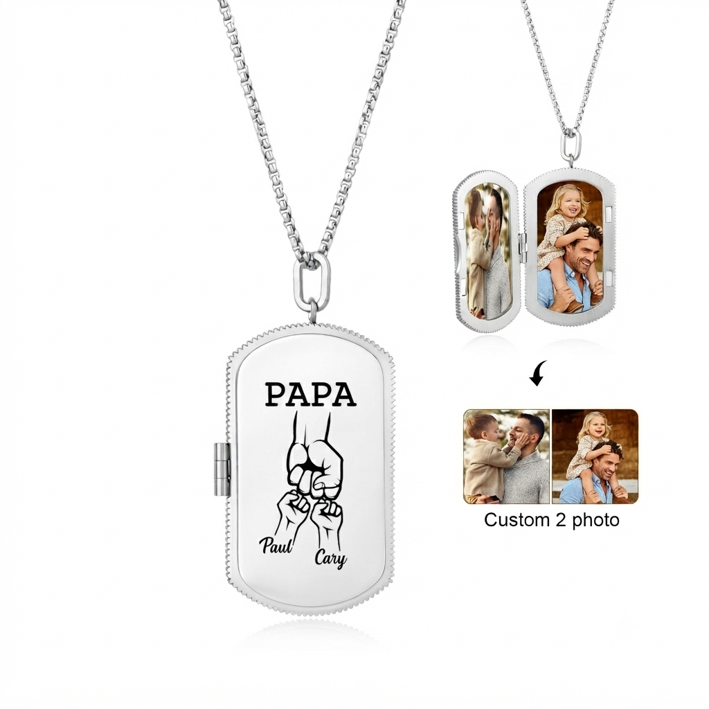 Personalisierte Foto-Medaillon-Kette mit zwei Fotos, mit 2–7 Namen und Fist-Bump-Motiv aus Edelstahl – Vatertagsgeschenk für Papa, Ehemann oder Opa | Jessemade
