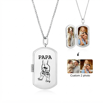 Personalisierte Foto-Medaillon-Kette mit zwei Fotos, mit 2–7 Namen und Fist-Bump-Motiv aus Edelstahl – Vatertagsgeschenk für Papa, Ehemann oder Opa | Jessemade
