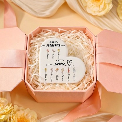 Personalisierte Keramik Herzvase mit 2–12 Geburtsmonat Blumen und Wunschname