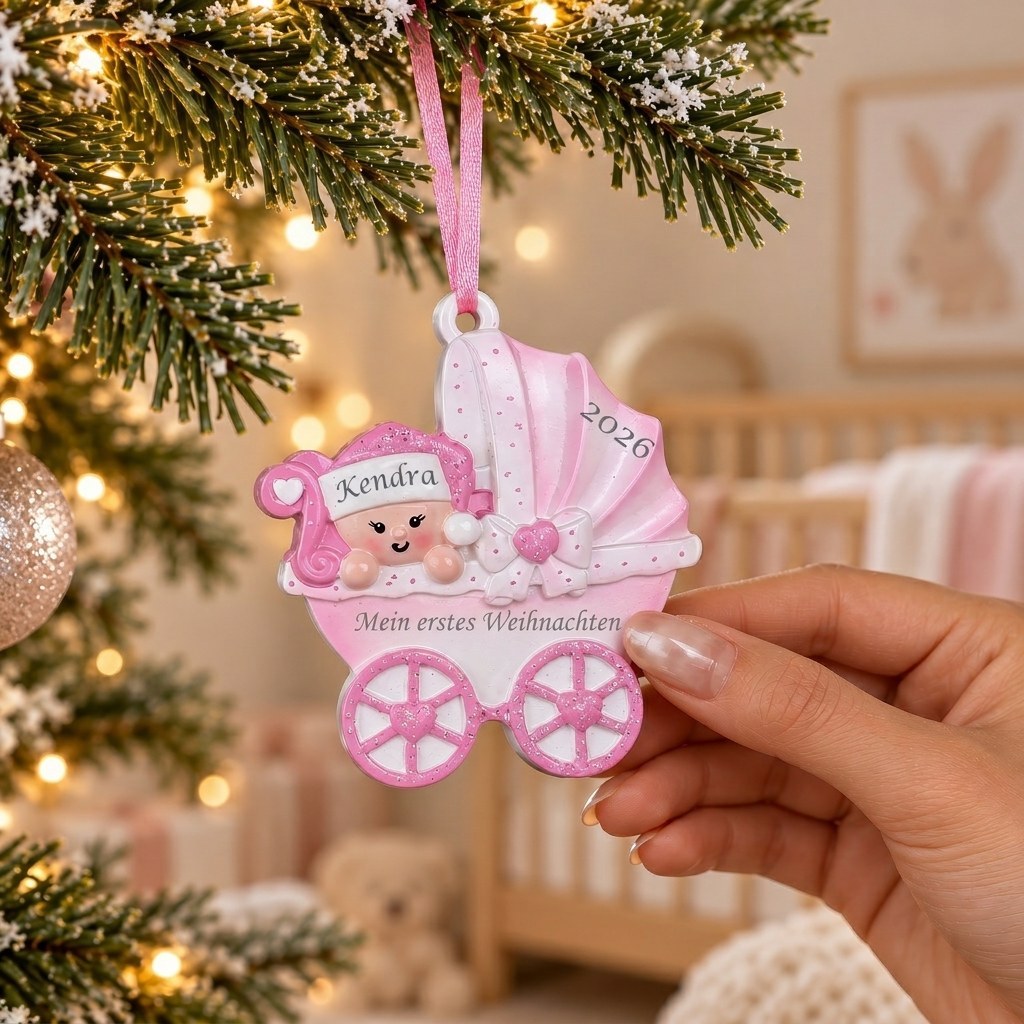 Personalisierter Weihnachtsbaumanhänger in Kinderwagenform mit Namen und Jahreszahl Geschenk zu Babys erstem Weihnachten