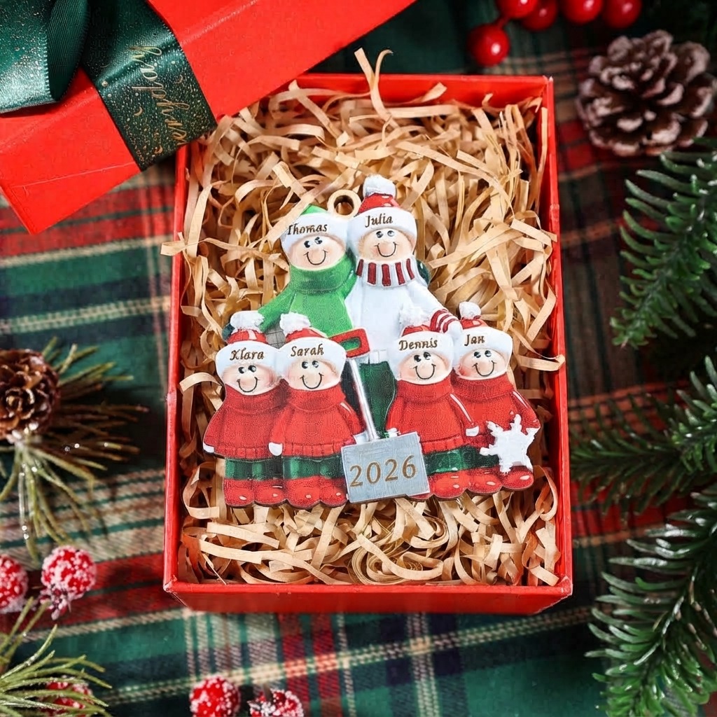Personalisierter Familien-Weihnachtsanhänger aus Holz mit 2–8 Vornamen und Jahreszahl Geschenk für Familien