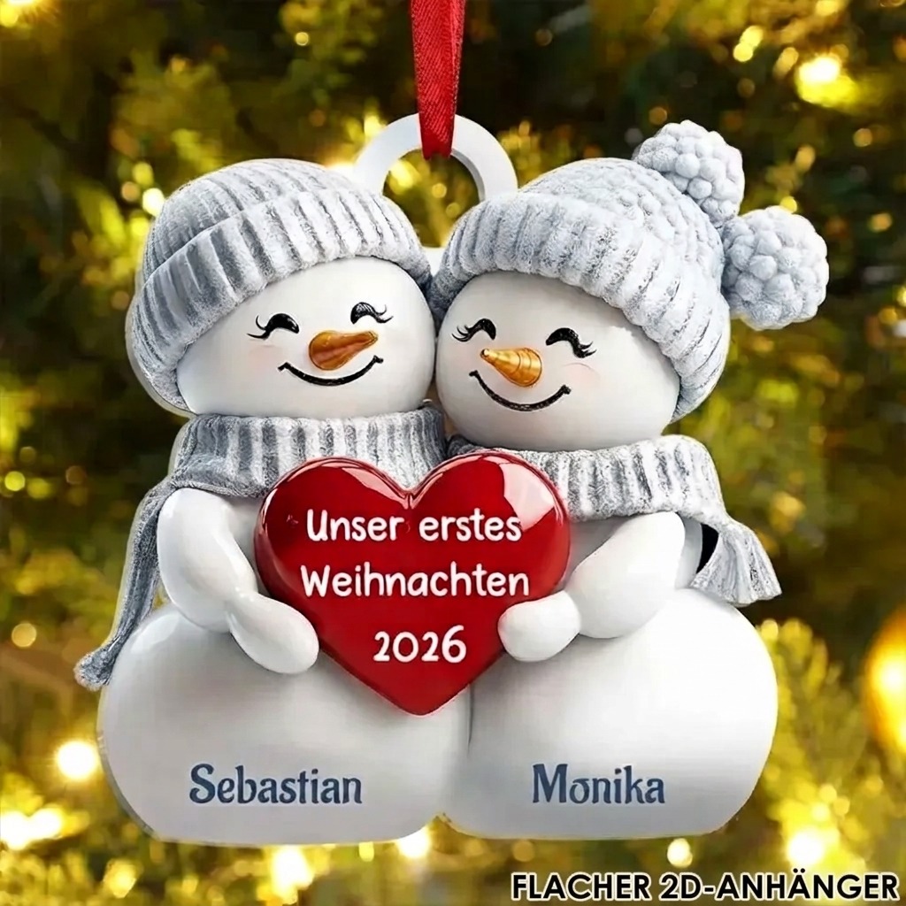 Acryl Weihnachtsornament - Personalisierte 2 Namen & 2 Texte & Jahr 2D Flachbedruckt Weihnachts-Anhänger mit Schneemann & Herzen für Paar