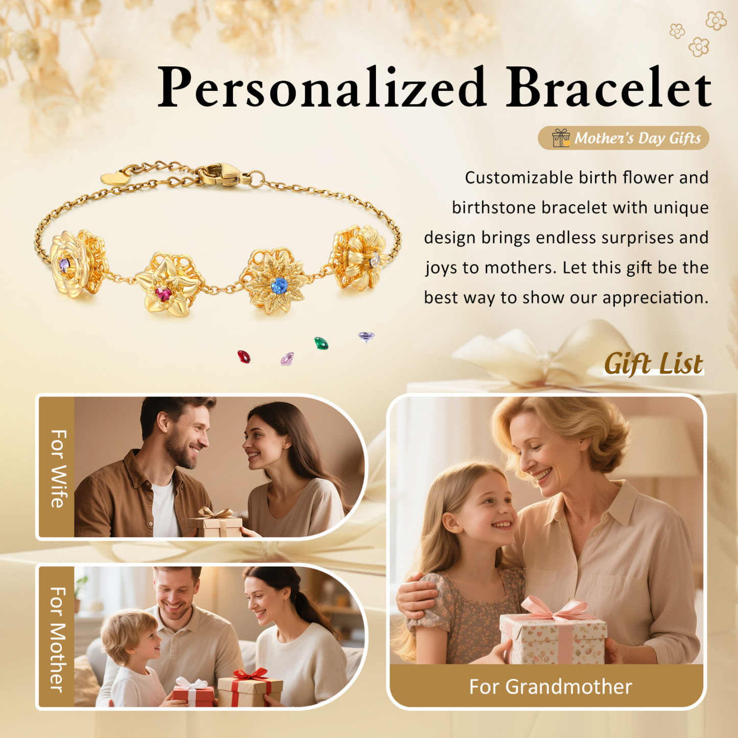 Personalisiertes Damenarmband mit 2-4 Geburtssteinen und Geburtsblumen, drehbares Armband für Damen