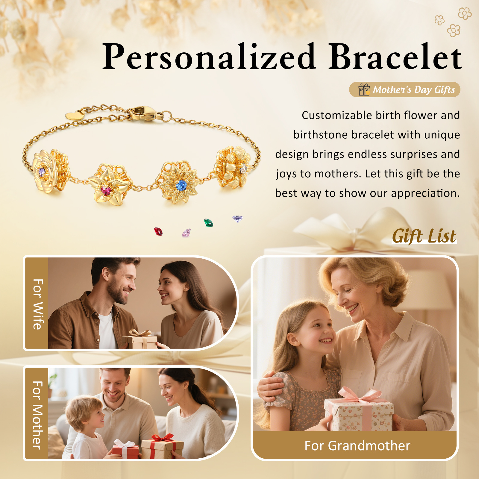 Personalisiertes Damenarmband mit 2-4 Geburtssteinen und Geburtsblumen, drehbares Armband für Damen