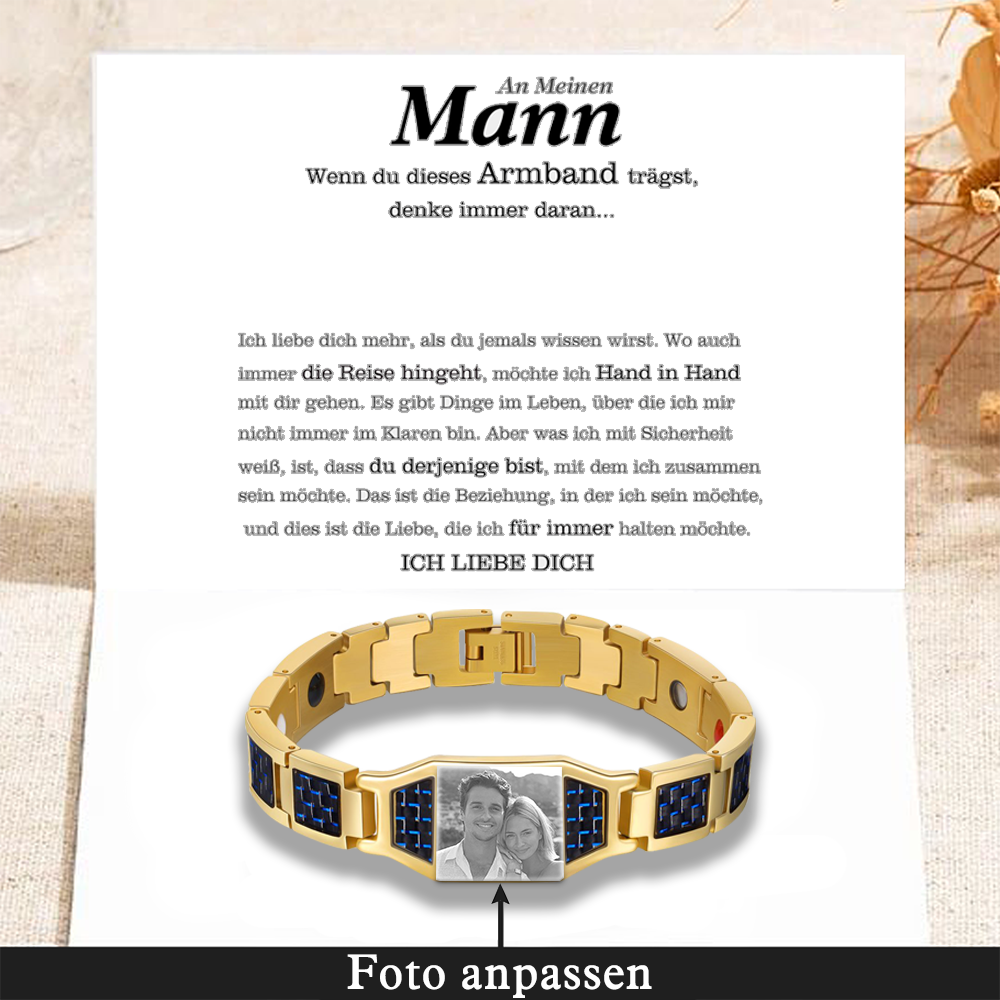 Herren Personalisierbarer Foto Magnetarmband Powerarmband mit 3 Magneten An meinen Mann Geschenk mit Nachrichtenkarte