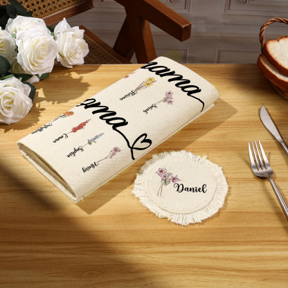 Personalisiertes Weiß Leinen-Tischset Untersetzer Geburtsblumen für Mama Oma