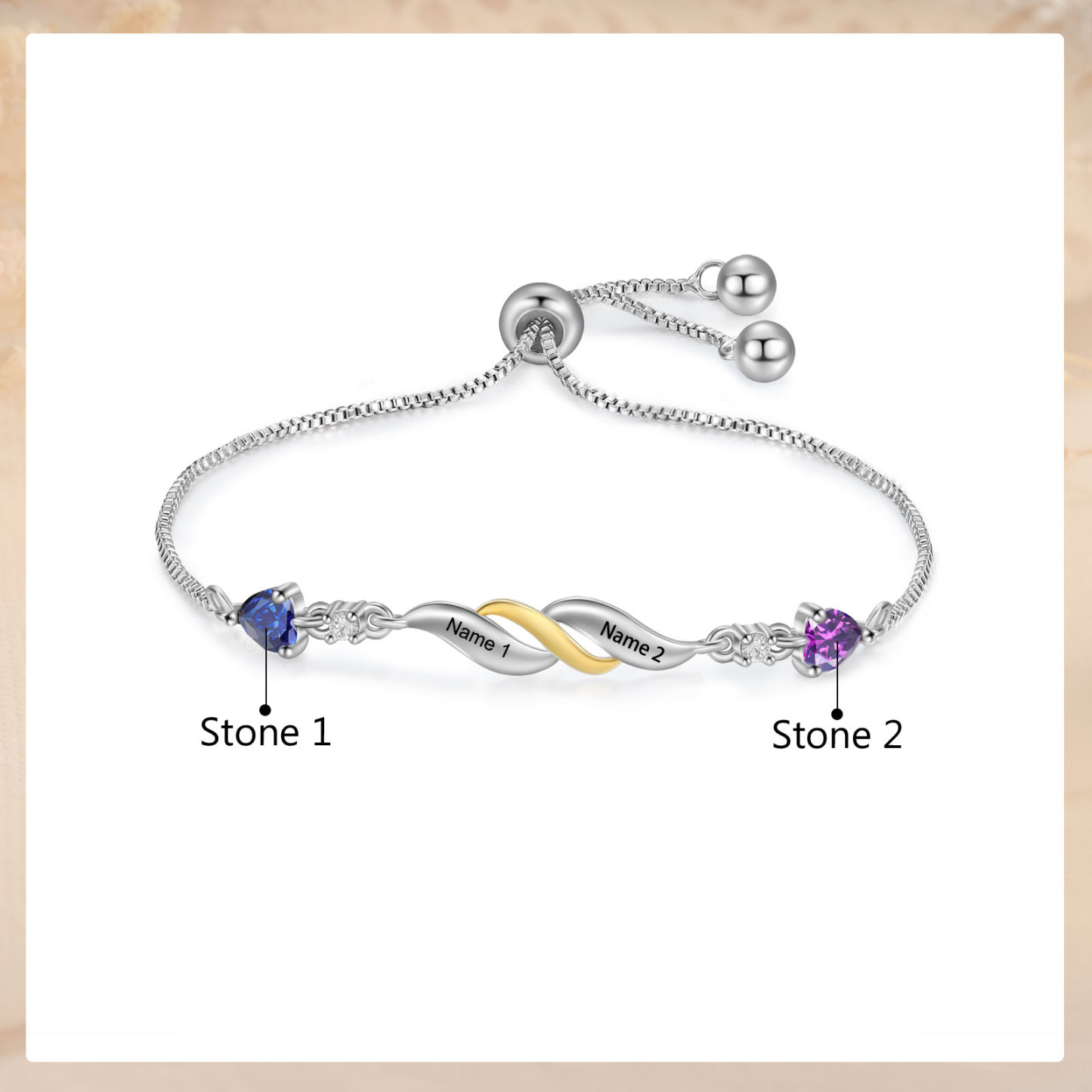 Personalisierte 2-4 Namen Infinity Armband mit 2-4 Geburtssteinen