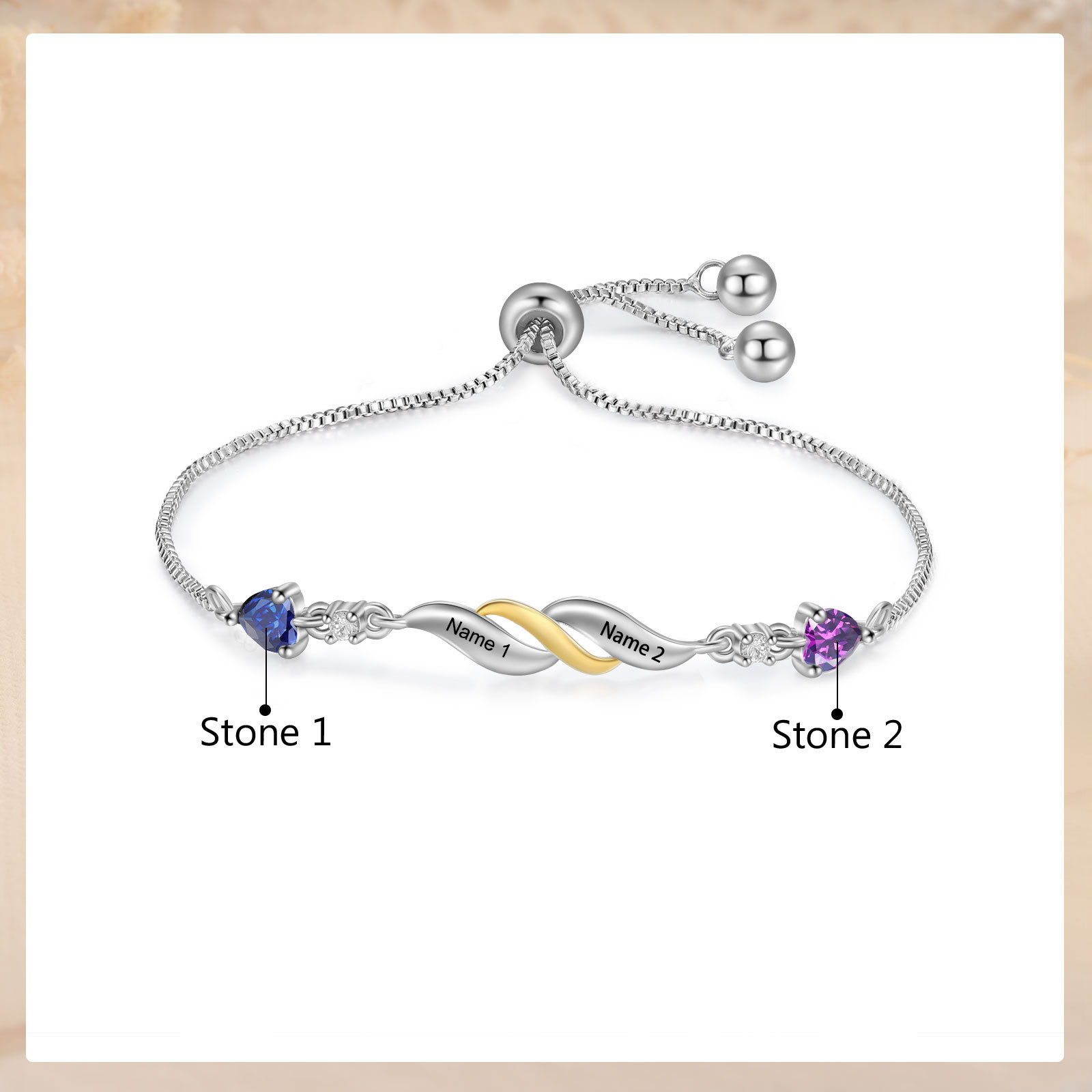 Personalisierte 2-4 Namen Infinity Armband mit 2-4 Geburtssteinen