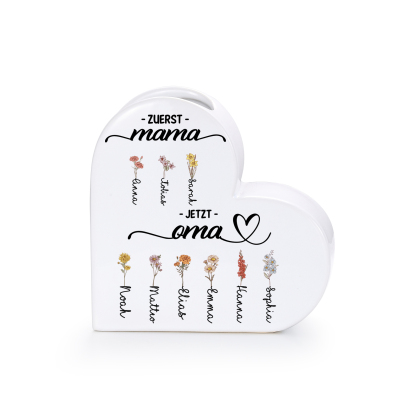 Personalisierte Keramik Herzvase mit 2–12 Geburtsmonat Blumen und Wunschname