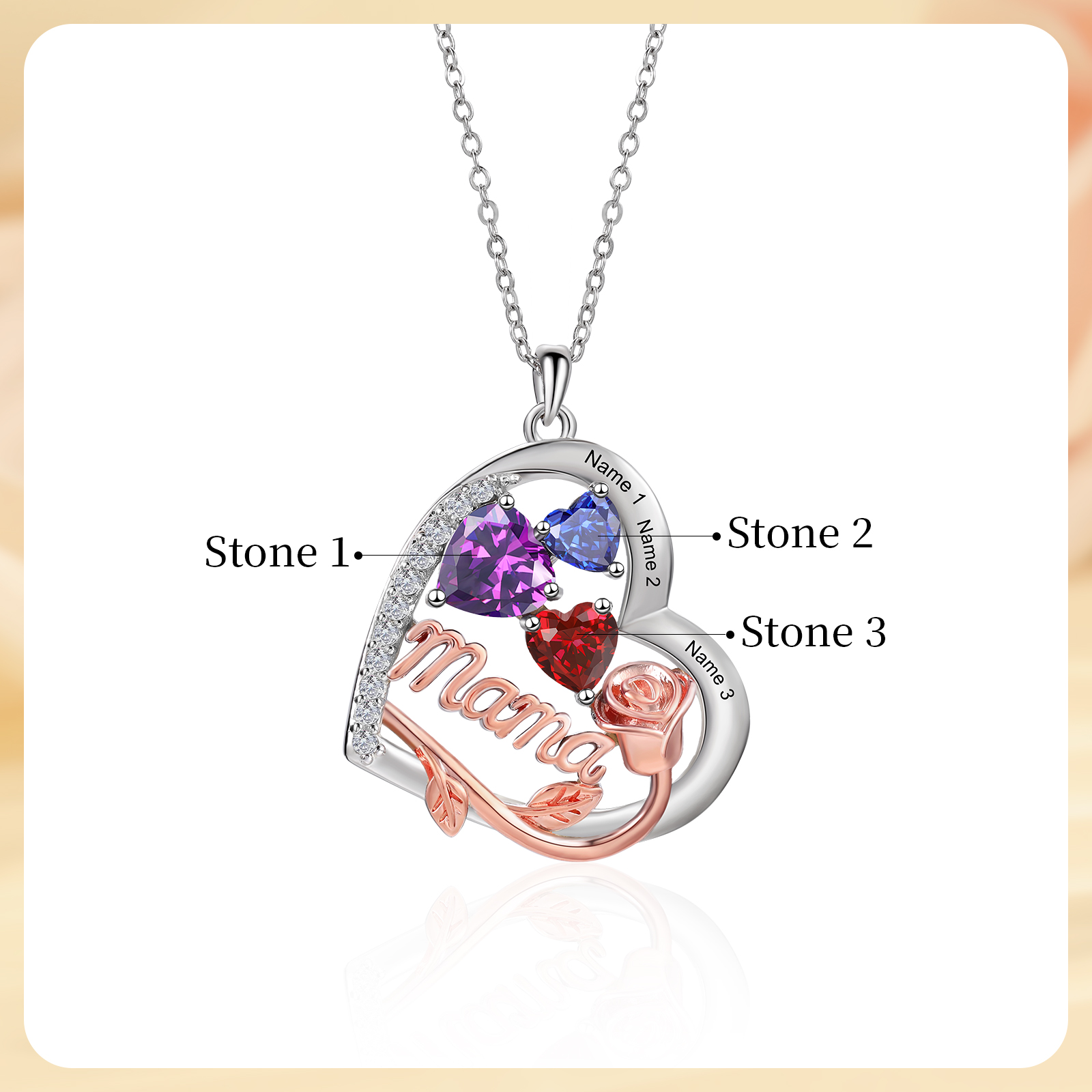 Personalisierte Rosen-Halskette mit Herz und Geburtsstein für Mama