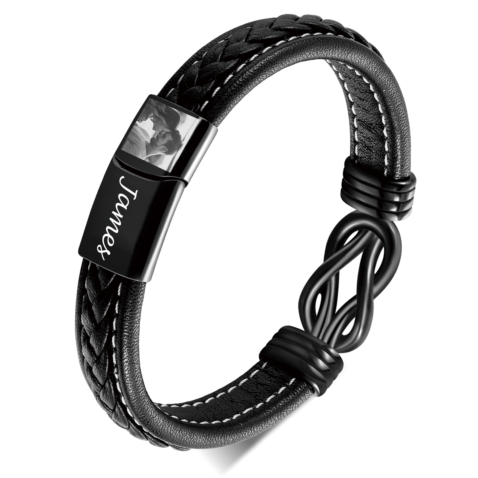 Personalisiertes geflochtenes Herren-Lederarmband mit Name-Gravur und Foto