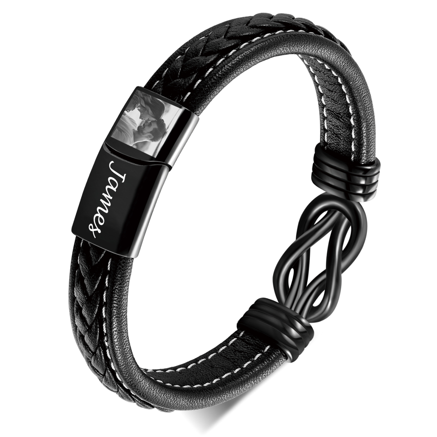 Personalisiertes geflochtenes Herren-Lederarmband mit Name-Gravur und Foto
