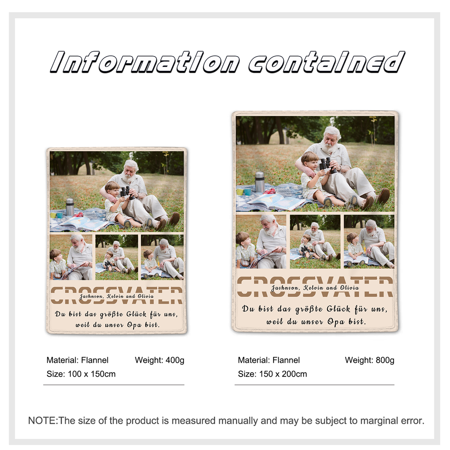 Personalisierbarer Text & 4 Fotos Decke - Du bist das größte Glück für uns, weil du unser Opa bist - Geschenk für Großvater