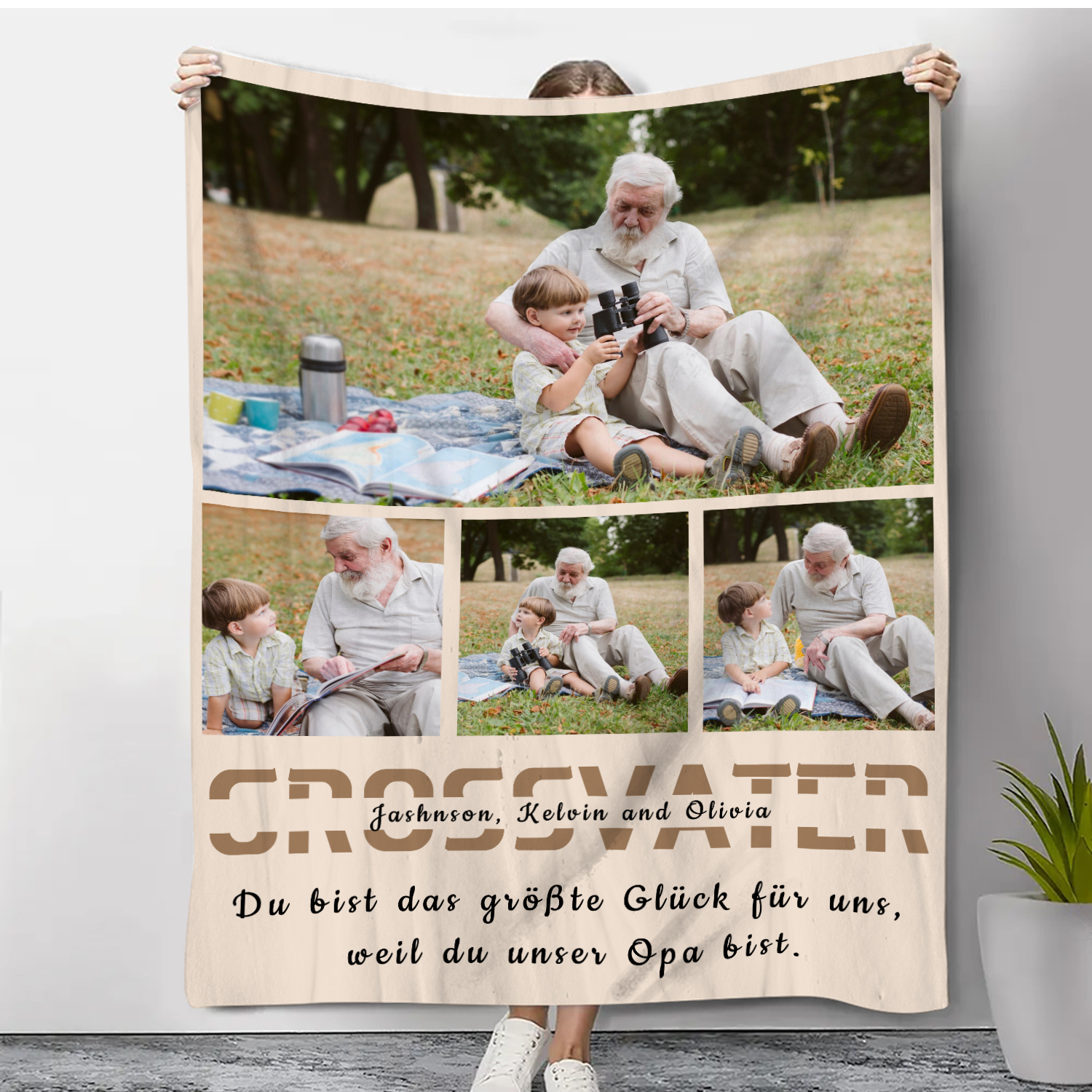 Personalisierbarer Text & 4 Fotos Decke - Du bist das größte Glück für uns, weil du unser Opa bist - Geschenk für Großvater