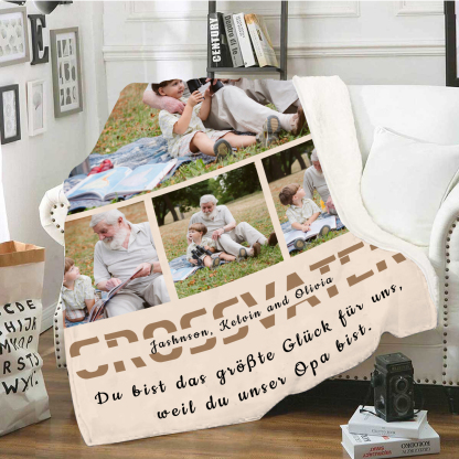 Personalisierbarer Text & 4 Fotos Decke - Du bist das größte Glück für uns, weil du unser Opa bist - Geschenk für Großvater