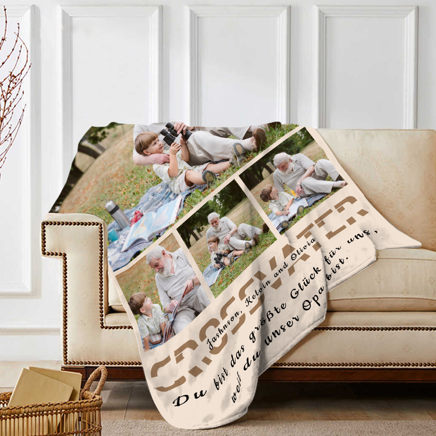 Personalisierbarer Text & 4 Fotos Decke - Du bist das größte Glück für uns, weil du unser Opa bist - Geschenk für Großvater