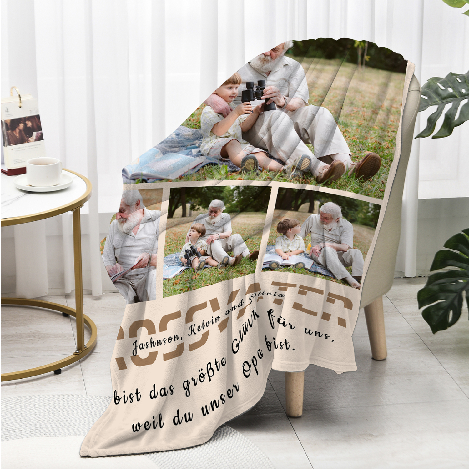 Personalisierbarer Text & 4 Fotos Decke - Du bist das größte Glück für uns, weil du unser Opa bist - Geschenk für Großvater