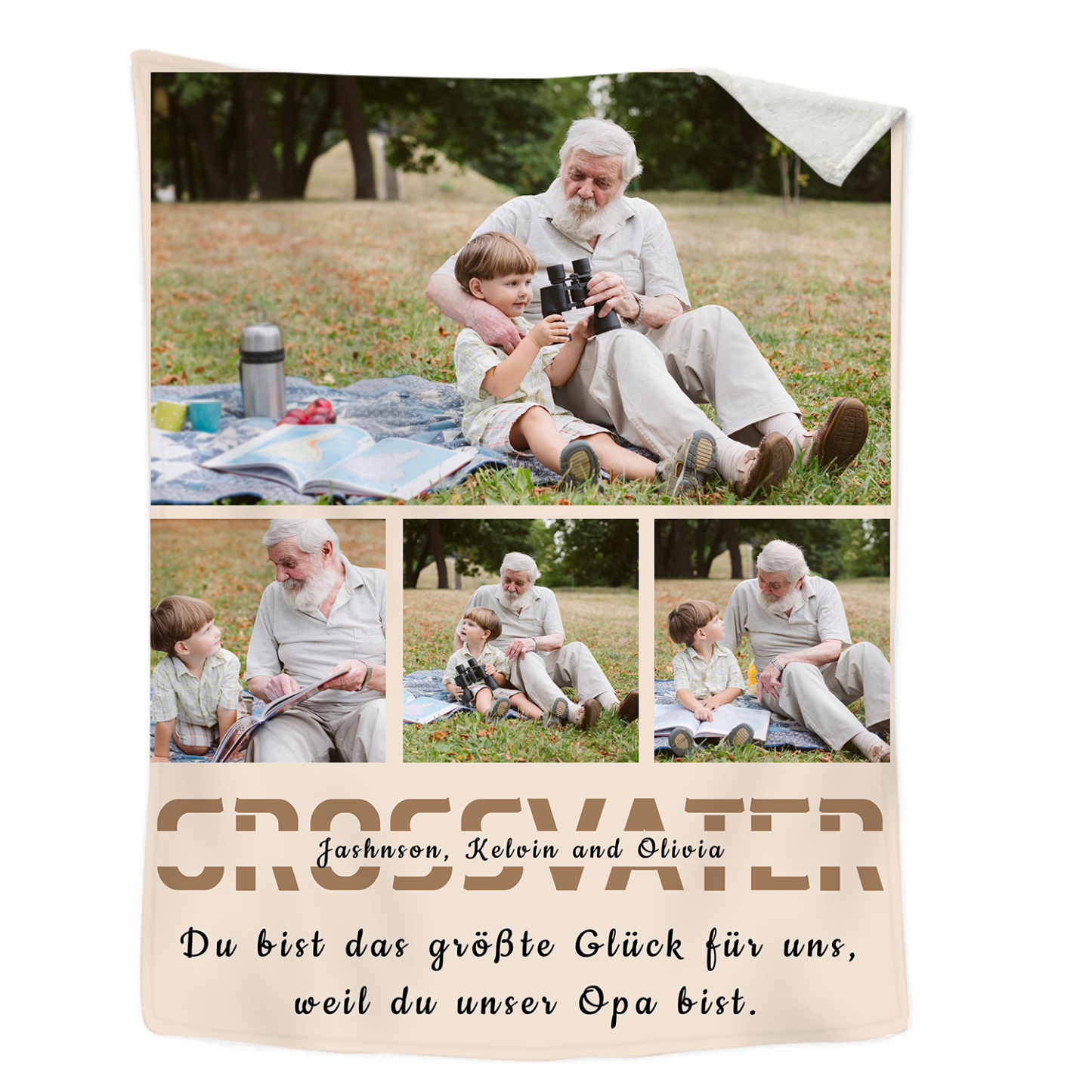 Personalisierbarer Text & 4 Fotos Decke - Du bist das größte Glück für uns, weil du unser Opa bist - Geschenk für Großvater