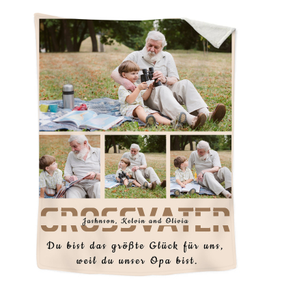Personalisierbarer Text & 4 Fotos Decke - Du bist das größte Glück für uns, weil du unser Opa bist - Geschenk für Großvater