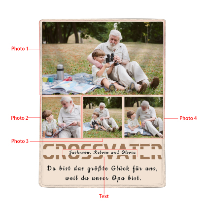 Personalisierbarer Text & 4 Fotos Decke - Du bist das größte Glück für uns, weil du unser Opa bist - Geschenk für Großvater