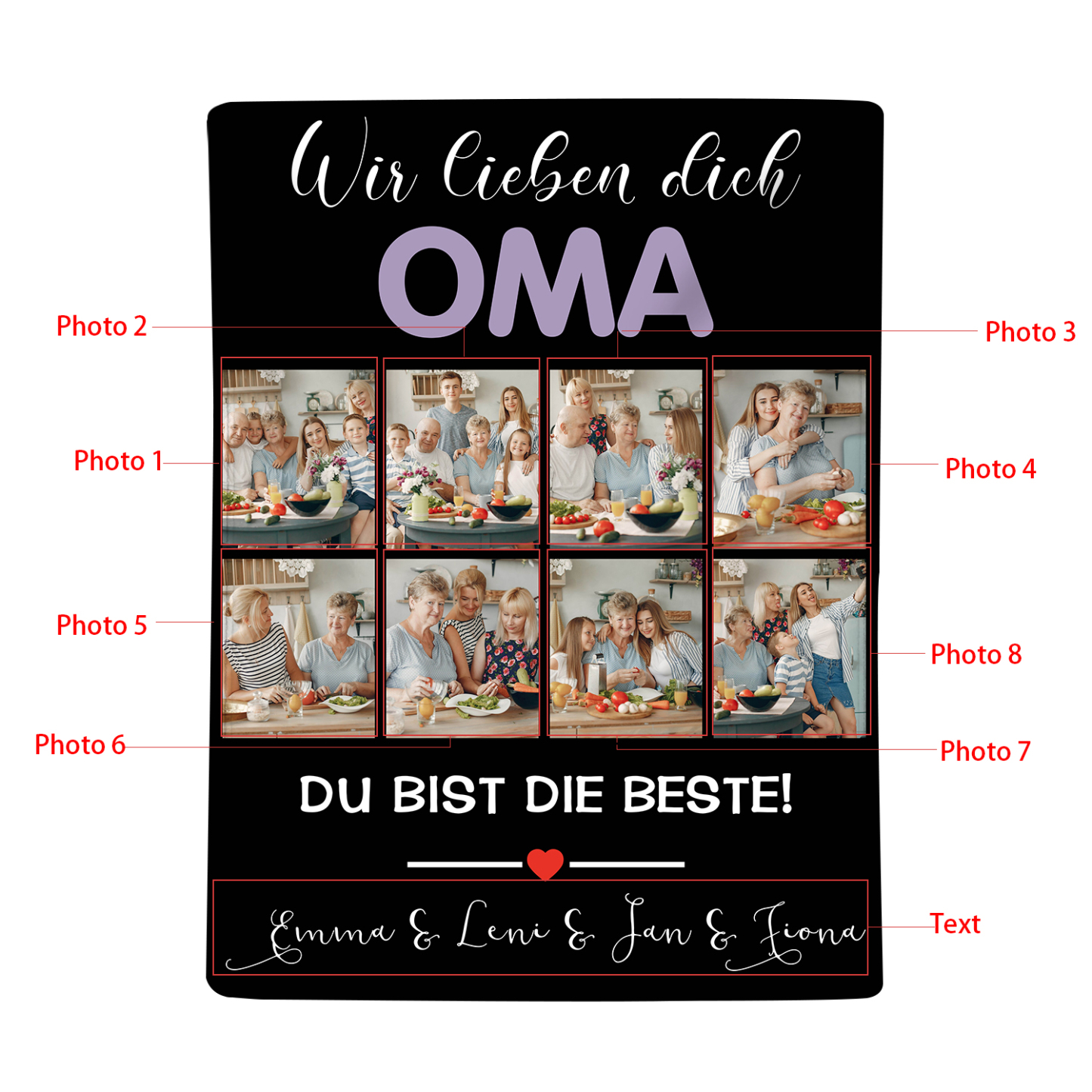 Personalisierbare 8 Fotos Decke - Wir lieben dich Oma du bist die Beste - Geschenk für Großvater