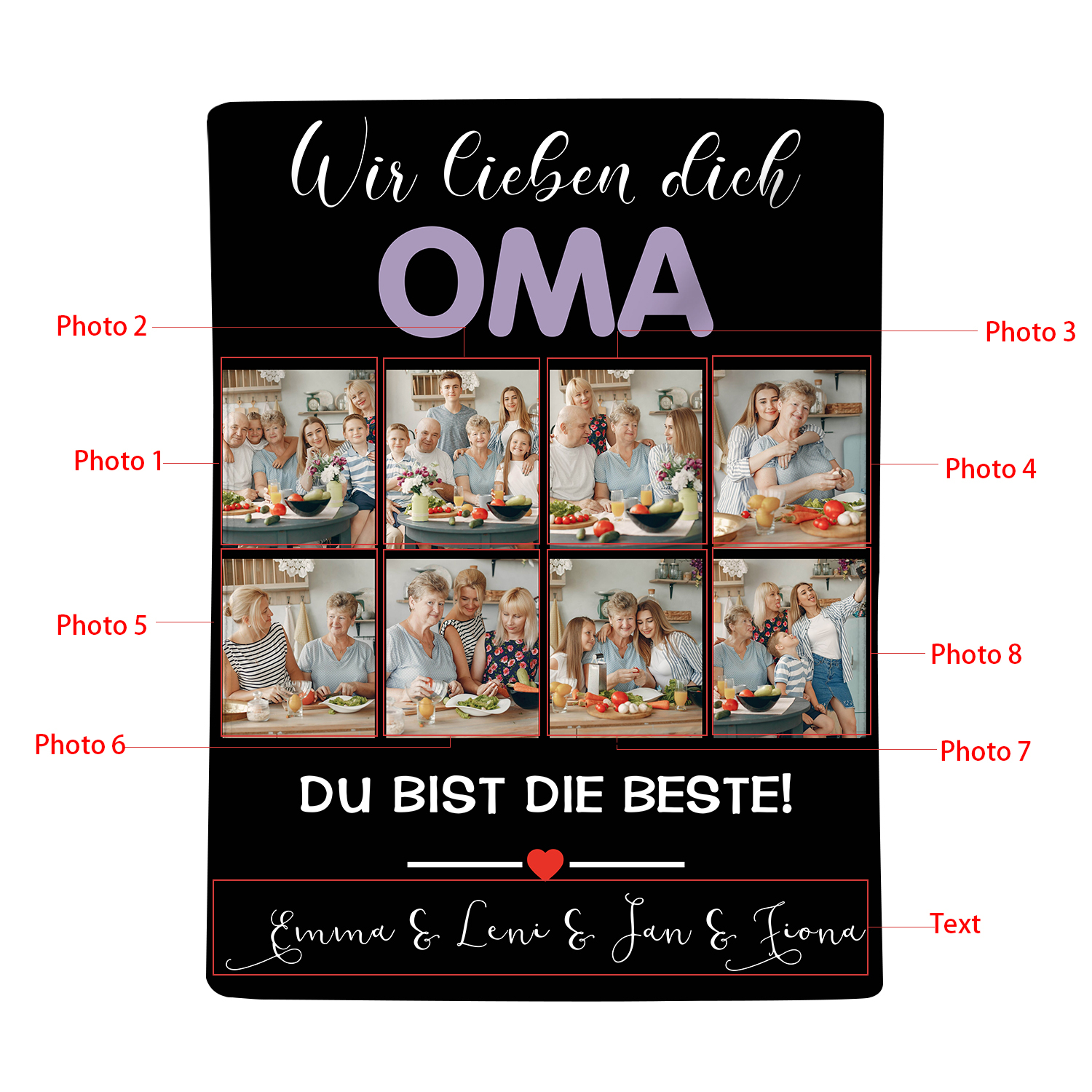 Personalisierbare 8 Fotos Decke - Wir lieben dich Oma du bist die Beste - Geschenk für Großvater