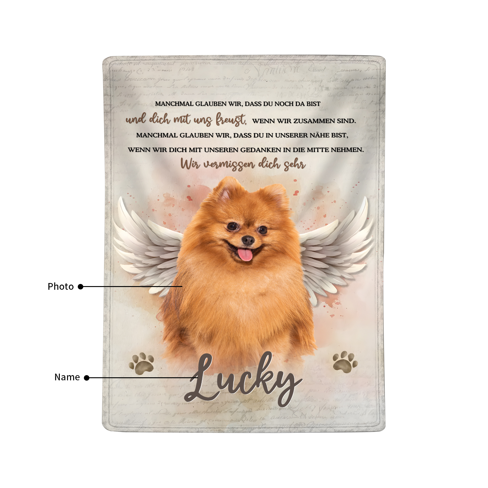 Personalisiertes 1 Foto & 1 Name Gedenk Flanelldecke -Wir vermissen dich sehr- Erinnerung an Ihr Haustier