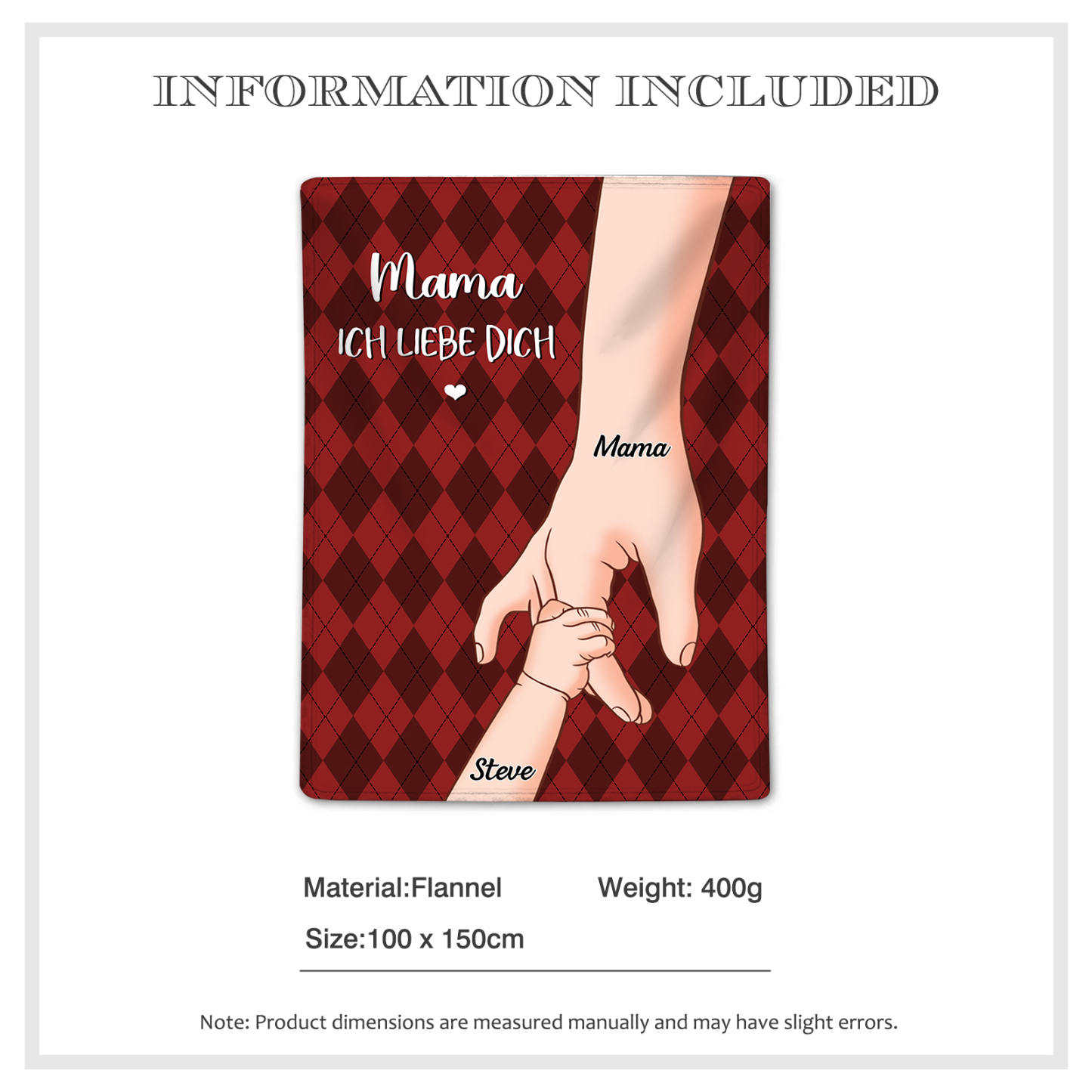  Personalisierte 2-Namen Flanell-Decke – Mama & Kind Hand-in-Hand  – Kuschelige Decke für Mutter