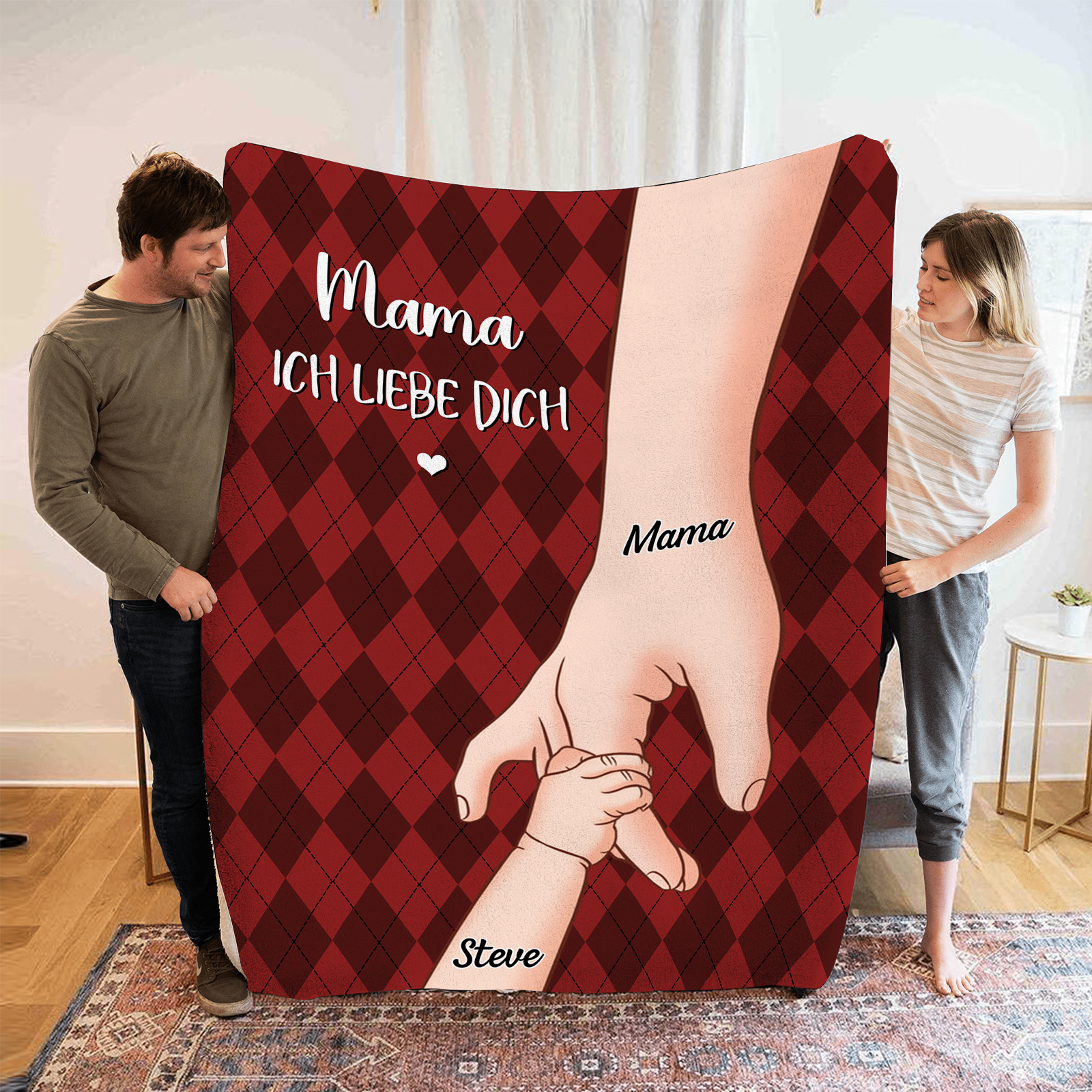  Personalisierte 2-Namen Flanell-Decke – Mama & Kind Hand-in-Hand  – Kuschelige Decke für Mutter