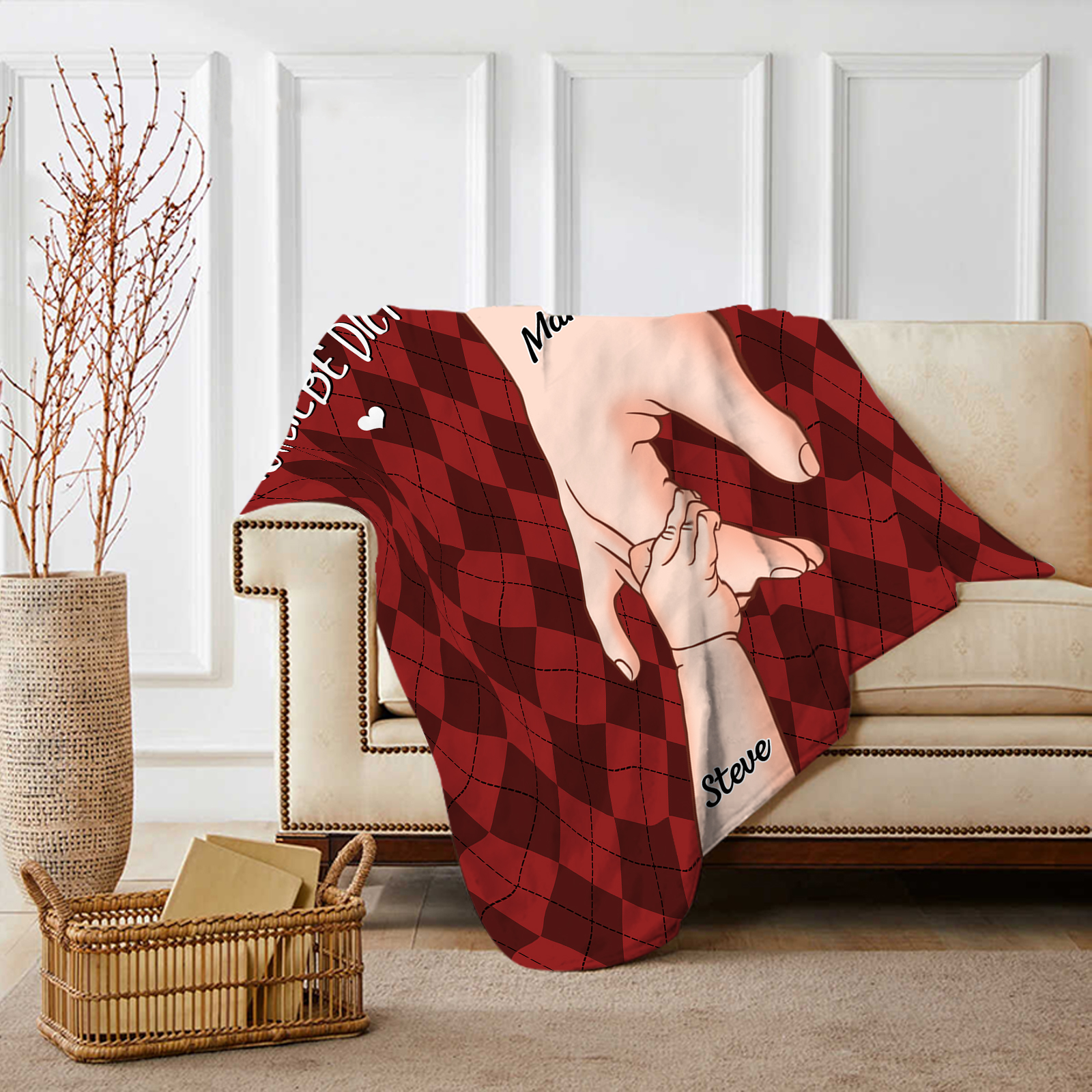  Personalisierte 2-Namen Flanell-Decke – Mama & Kind Hand-in-Hand  – Kuschelige Decke für Mutter