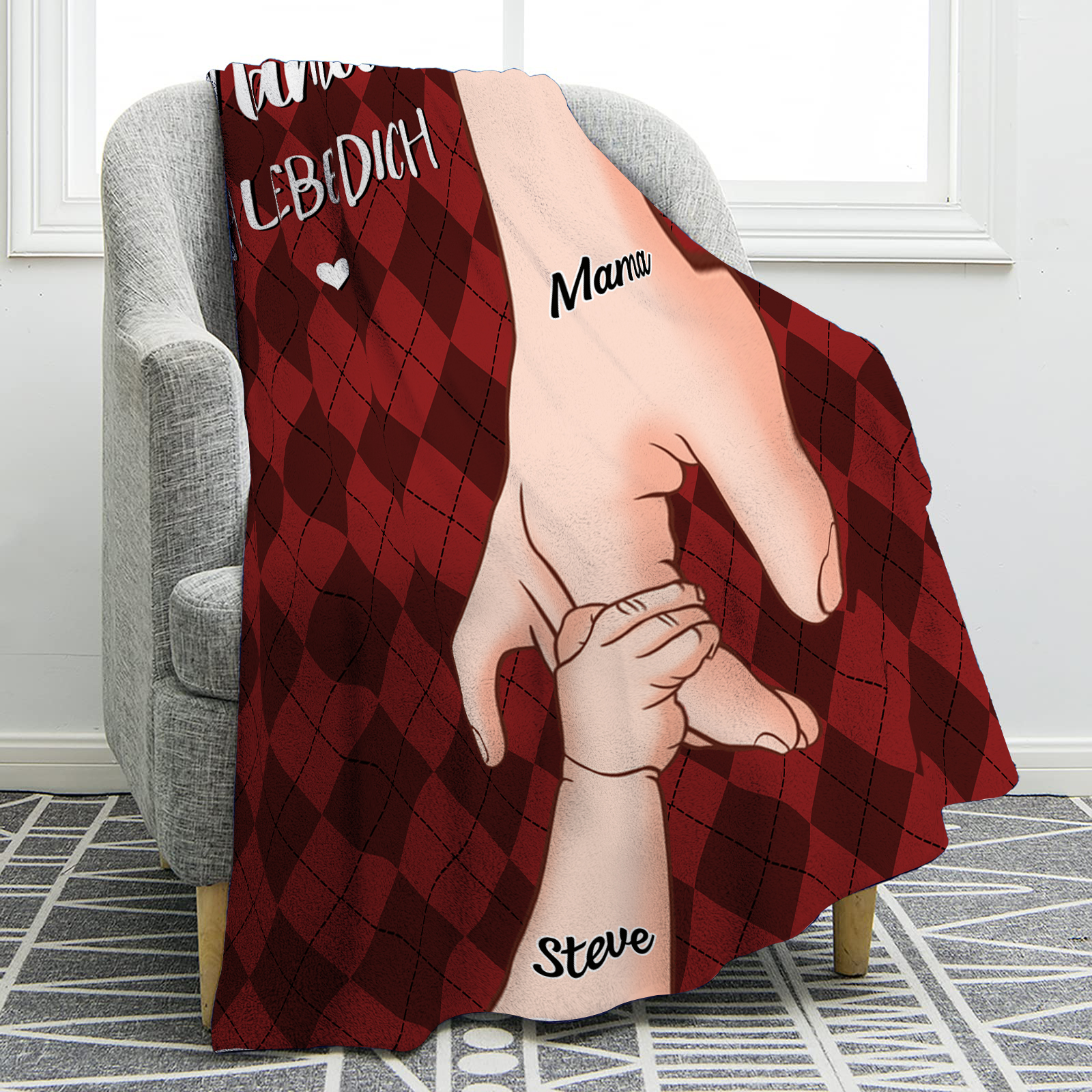  Personalisierte 2-Namen Flanell-Decke – Mama & Kind Hand-in-Hand  – Kuschelige Decke für Mutter