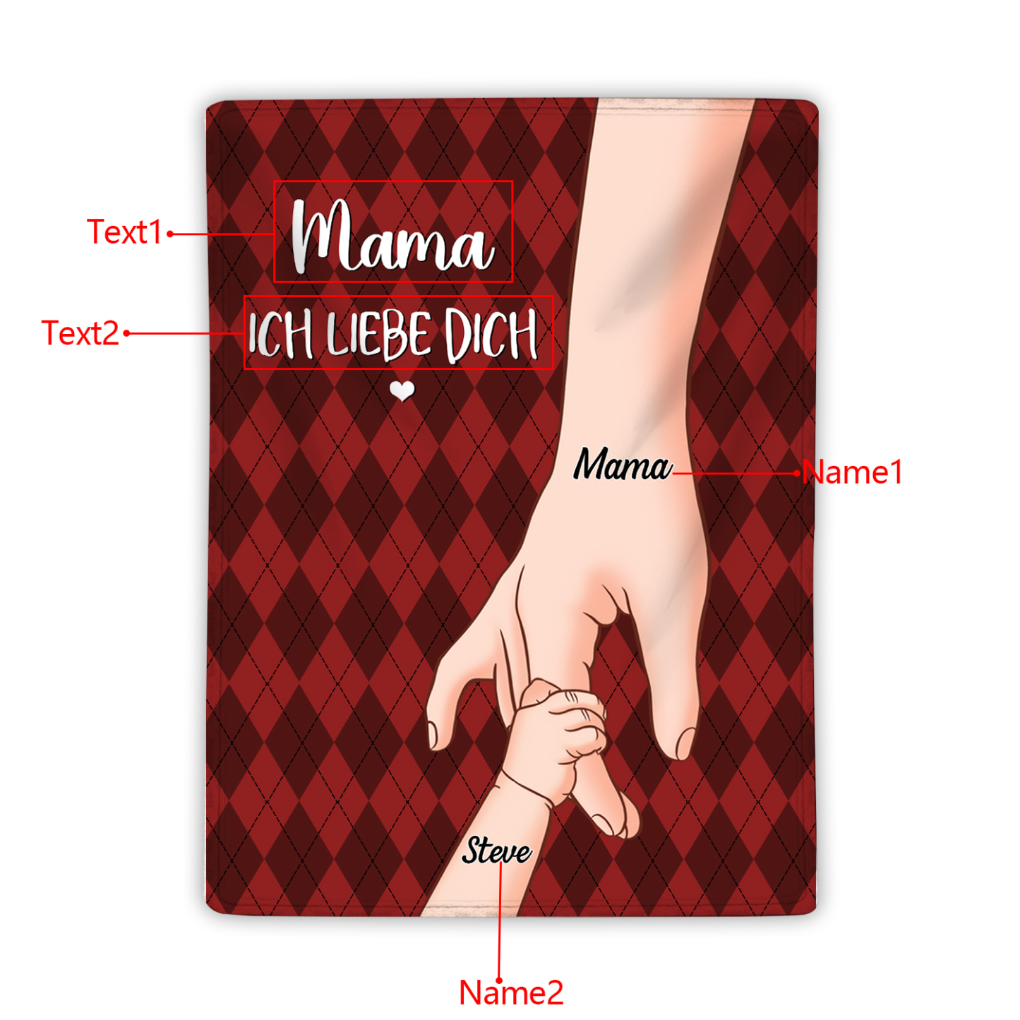  Personalisierte 2-Namen Flanell-Decke – Mama & Kind Hand-in-Hand  – Kuschelige Decke für Mutter