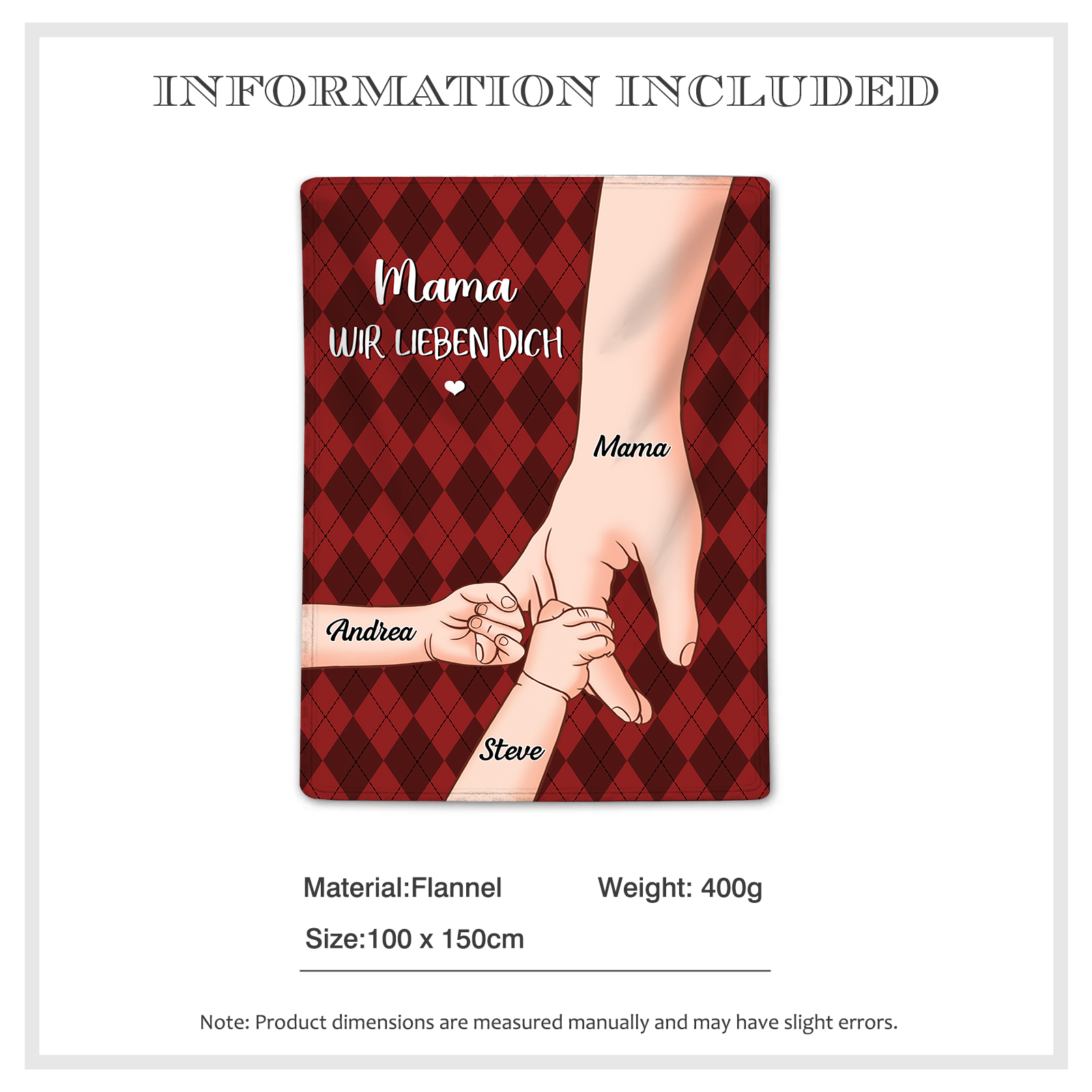 Personalisierte 3 Namen & 2 Texte Flanell Decke – Mama & Kinder Hand-in-Hand  – Kuschelige Decke für Mutter