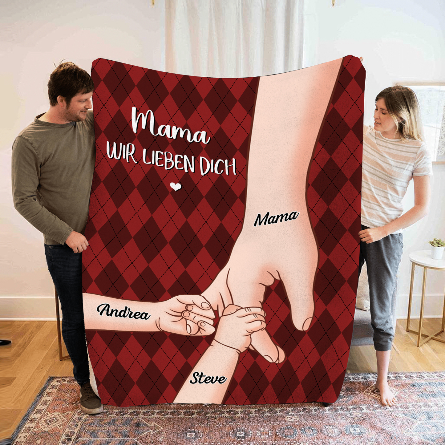 Personalisierte 3 Namen & 2 Texte Flanell Decke – Mama & Kinder Hand-in-Hand – Kuschelige Decke für Mutter