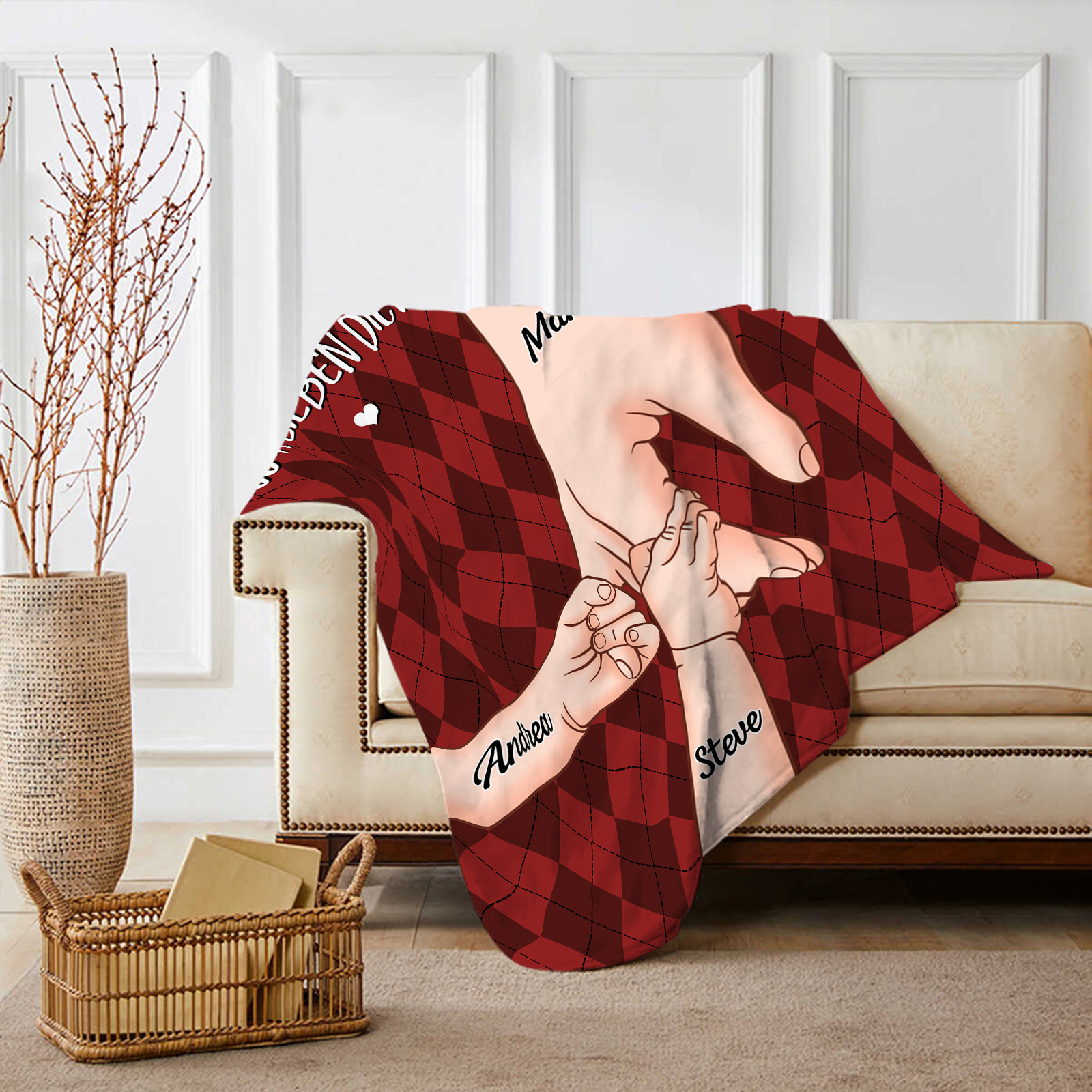 Personalisierte 3 Namen & 2 Texte Flanell Decke – Mama & Kinder Hand-in-Hand  – Kuschelige Decke für Mutter