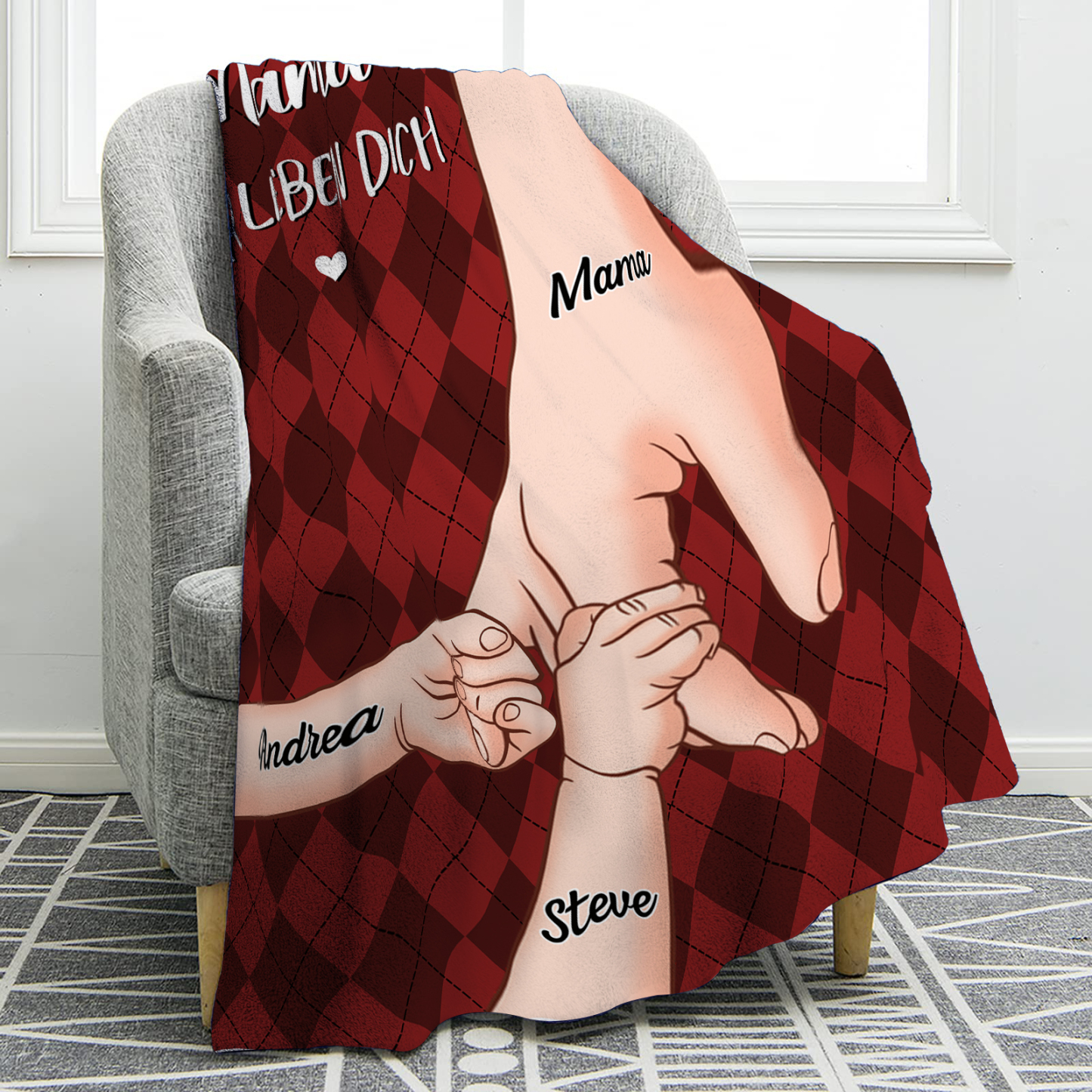 Personalisierte 3 Namen & 2 Texte Flanell Decke – Mama & Kinder Hand-in-Hand – Kuschelige Decke für Mutter